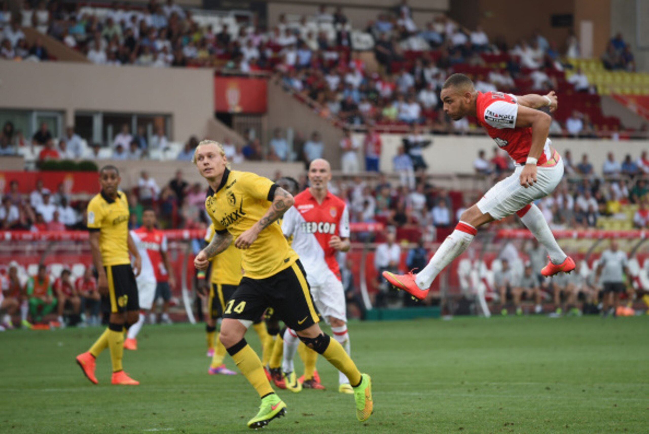 MONACO - AUGUST 30:  Layvin Kurzawa of Monaco in action during the French Ligue 1 match between AS Monaco FC and LOSC Lille at Louis II Stadium on August 30, 2014 in Monaco, Monaco.  (Photo by Kaz Photography/Getty Images)