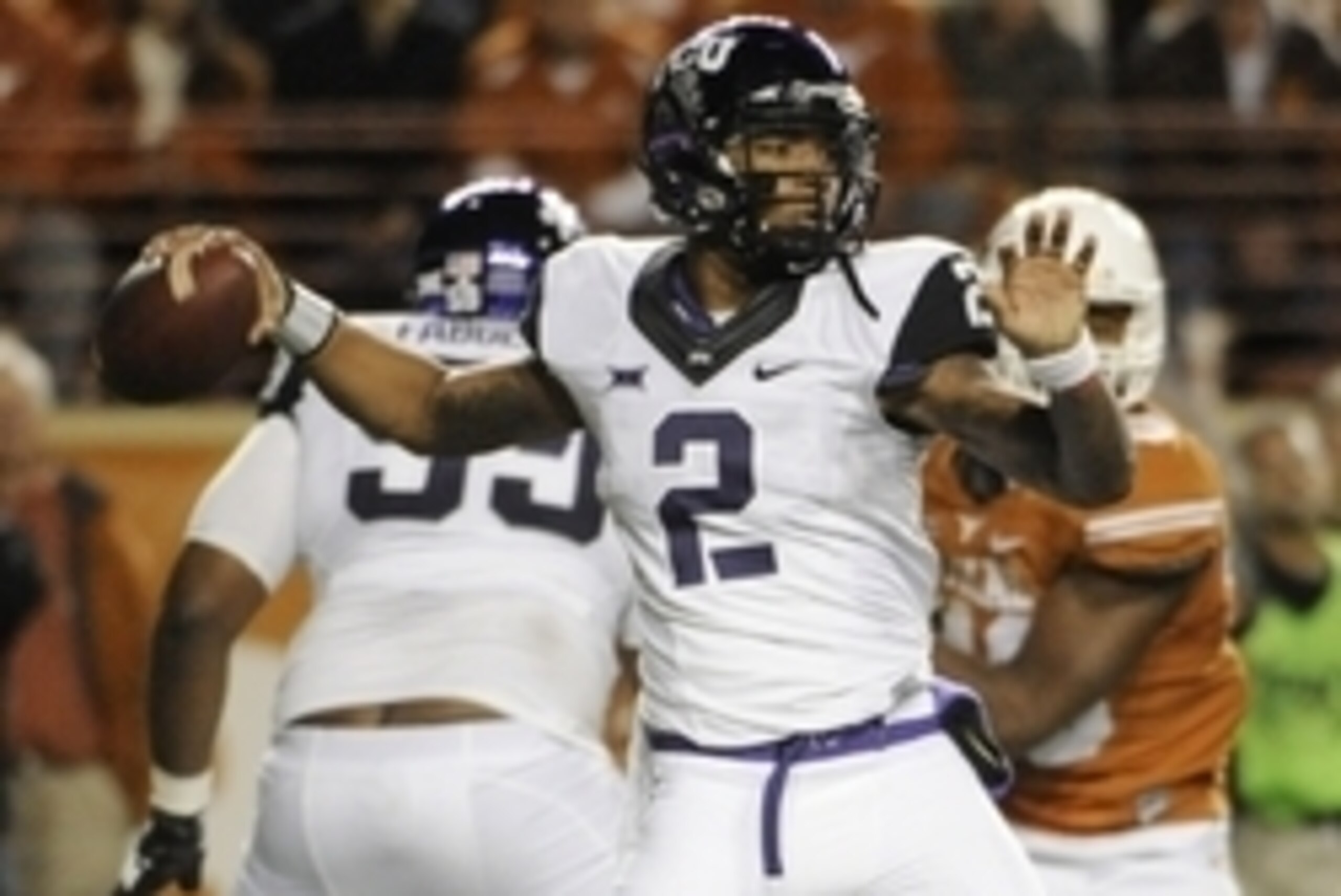 Nov 27, 2014; Austin, TX, USA; TCU Horned Frogs quarterback Trevone Boykin (2) throws a pass against the Texas Longhorns during the game at Darrell K Royal-Texas Memorial Stadium. Mandatory Credit: Brendan Maloney-USA TODAY Sports