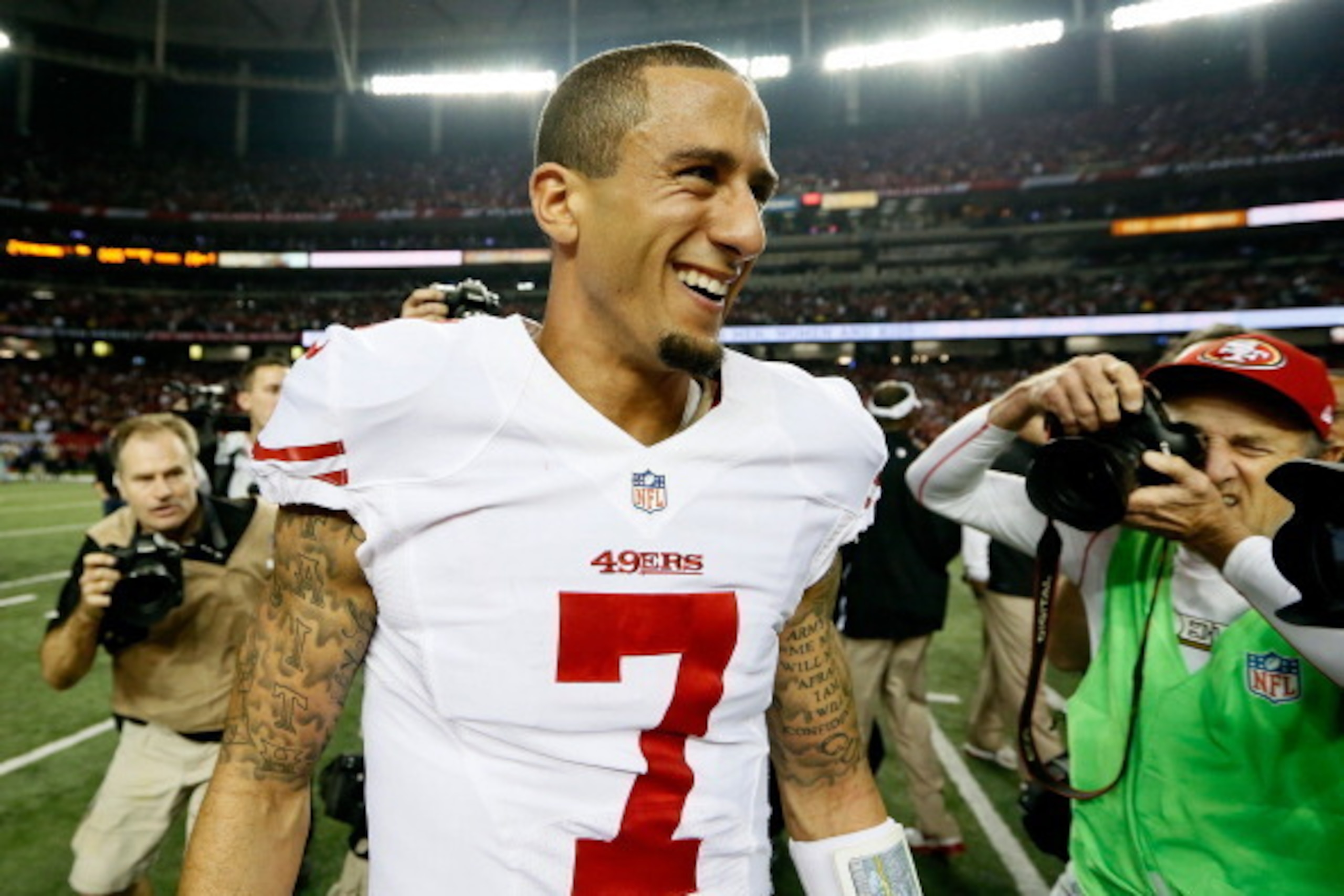 ATLANTA, GA - JANUARY 20: Colin Kaepernick #7 of the San Francisco 49ers celebrates on the field after the 49ers won 28-24 against the Atlanta Falcons in the NFC Championship game at the Georgia Dome on January 20, 2013 in Atlanta, Georgia. (Photo by Ke ATLANTA, GA - JANUARY 20: Colin Kaepernick #7 of the San Francisco 49ers celebrates on the field after the 49ers won 28-24 against the Atlanta Falcons in the NFC Championship game at the Georgia Dome on January 20, 2013 in Atlanta, Georgia. (Photo by Ke