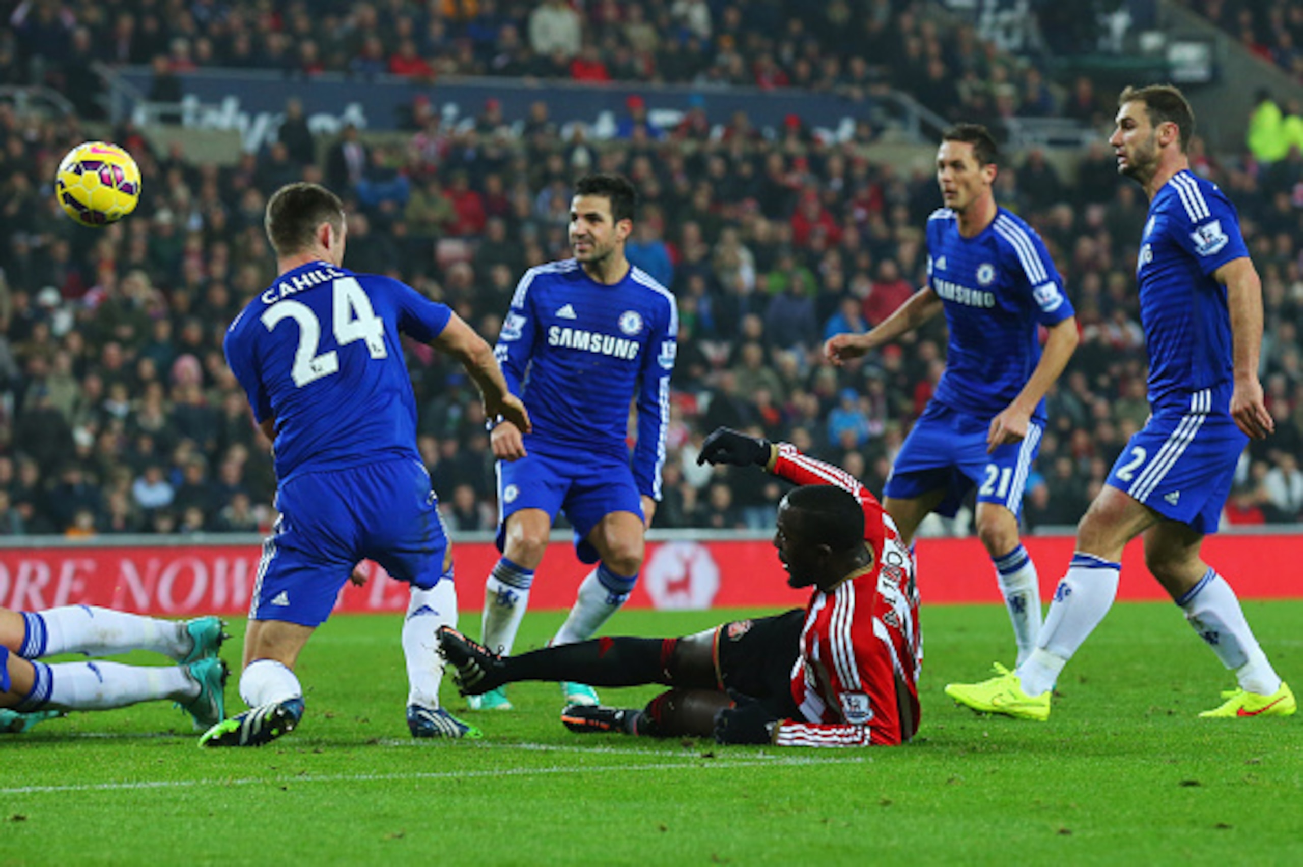 SUNDERLAND, ENGLAND - NOVEMBER 29:  Jozy Altidore of Sunderland has a shot blocked by Gary Cahill of Chelsea during the Barclays Premier League match between Sunderland and Chelsea at Stadium of Light on November 29, 2014 in Sunderland, England.  (Photo b