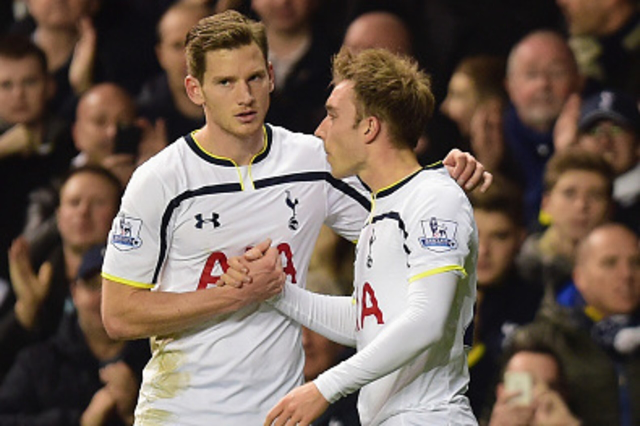 LONDON, ENGLAND - NOVEMBER 30: Jan Vertonghen of Spurs congratulates Christian Eriksen of Spurs on scoring their first goal during the Barclays Premier League match between Tottenham Hotspur and Everton at White Hart Lane on November 30, 2014 in London, E