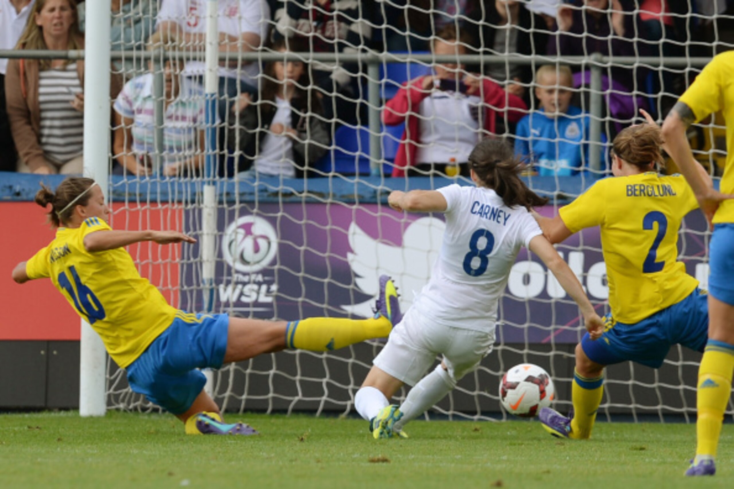 HARTLEPOOL, ENGLAND - AUGUST 3: Karen Carney (C) of England shoots to score during the Women's International Friendly match between England and Sweden at Victoria Park on August 3, 2014 in Hartlepool, England. (Photo by Nigel Roddis/Getty Images) HARTLEPOOL, ENGLAND - AUGUST 3: Karen Carney (C) of England shoots to score during the Women's International Friendly match between England and Sweden at Victoria Park on August 3, 2014 in Hartlepool, England. (Photo by Nigel Roddis/Getty Images)