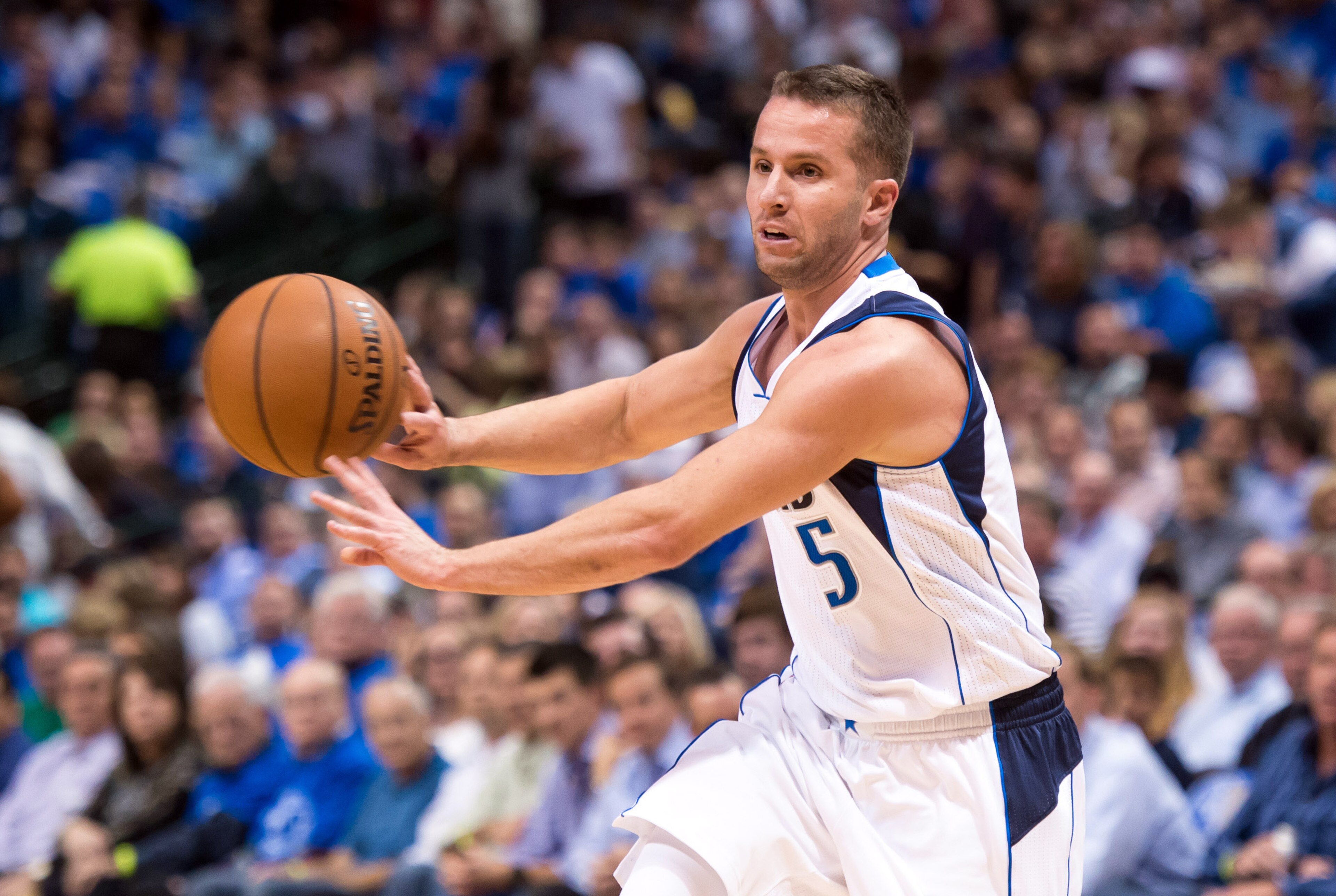 Oct 30, 2014; Dallas, TX, USA; Dallas Mavericks guard J.J. Barea (5) during the game against the Utah Jazz at the American Airlines Center. The Mavericks defeated the Jazz 120-102. Mandatory Credit: Jerome Miron-USA TODAY Sports Oct 30, 2014; Dallas, TX, USA; Dallas Mavericks guard J.J. Barea (5) during the game against the Utah Jazz at the American Airlines Center. The Mavericks defeated the Jazz 120-102. Mandatory Credit: Jerome Miron-USA TODAY Sports