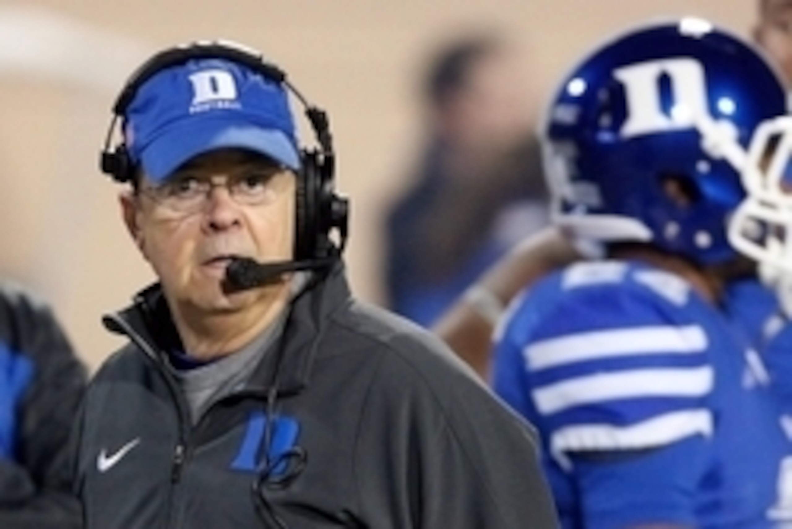 Nov 29, 2014; Durham, NC, USA; Duke Blue Devils head coach David Cutcliffe watches his players as they begin their game against the Wake Forest Demon Deacons at Wallace Wade Stadium. Mandatory Credit: Mark Dolejs-USA TODAY Sports