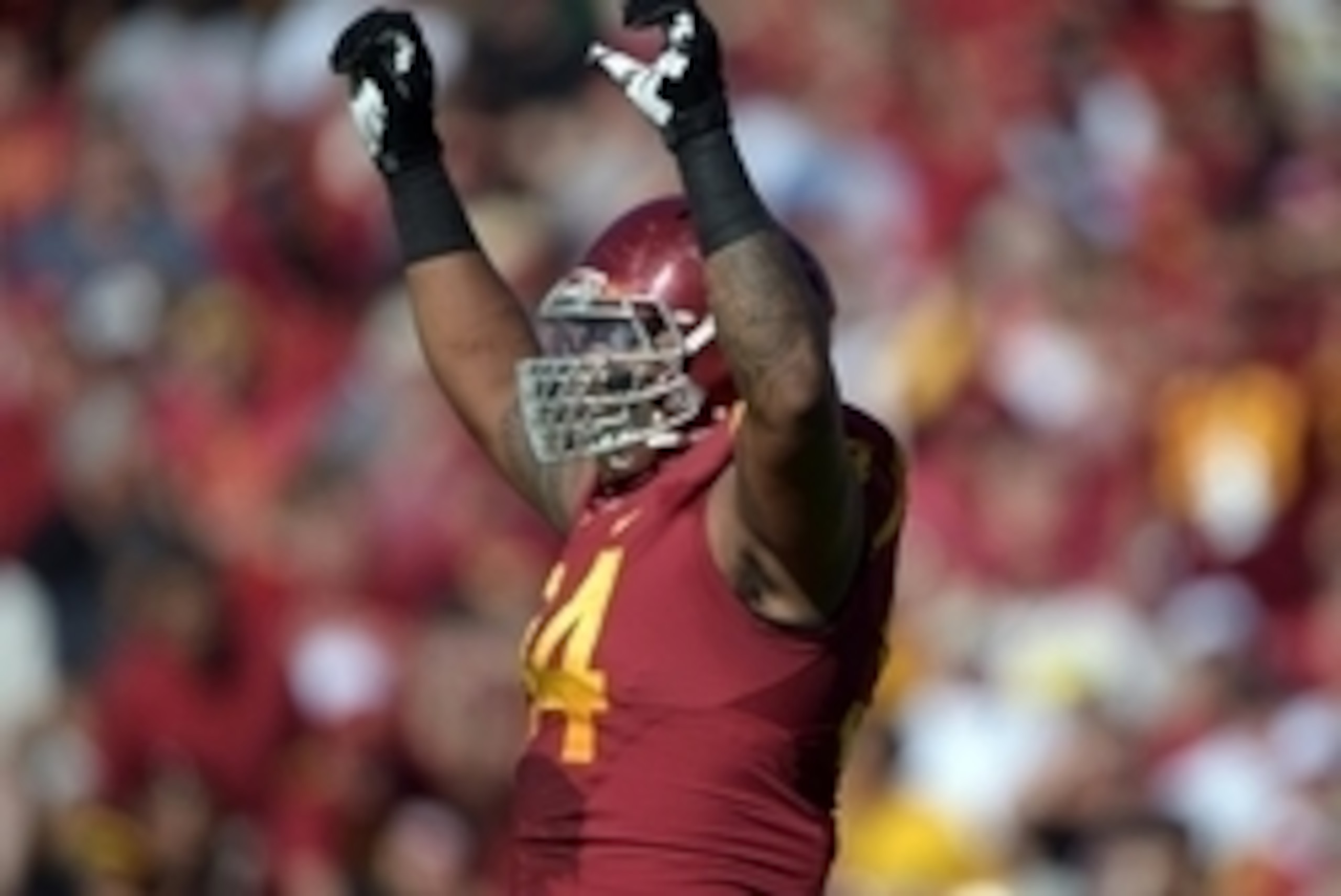 Nov 29, 2014; Los Angeles, CA, USA; Southern California Trojans defensive end Leonard Williams (94) celebrates against the Notre Dame Fighting Irish at Los Angeles Memorial Coliseum. Mandatory Credit: Kirby Lee-USA TODAY Sports