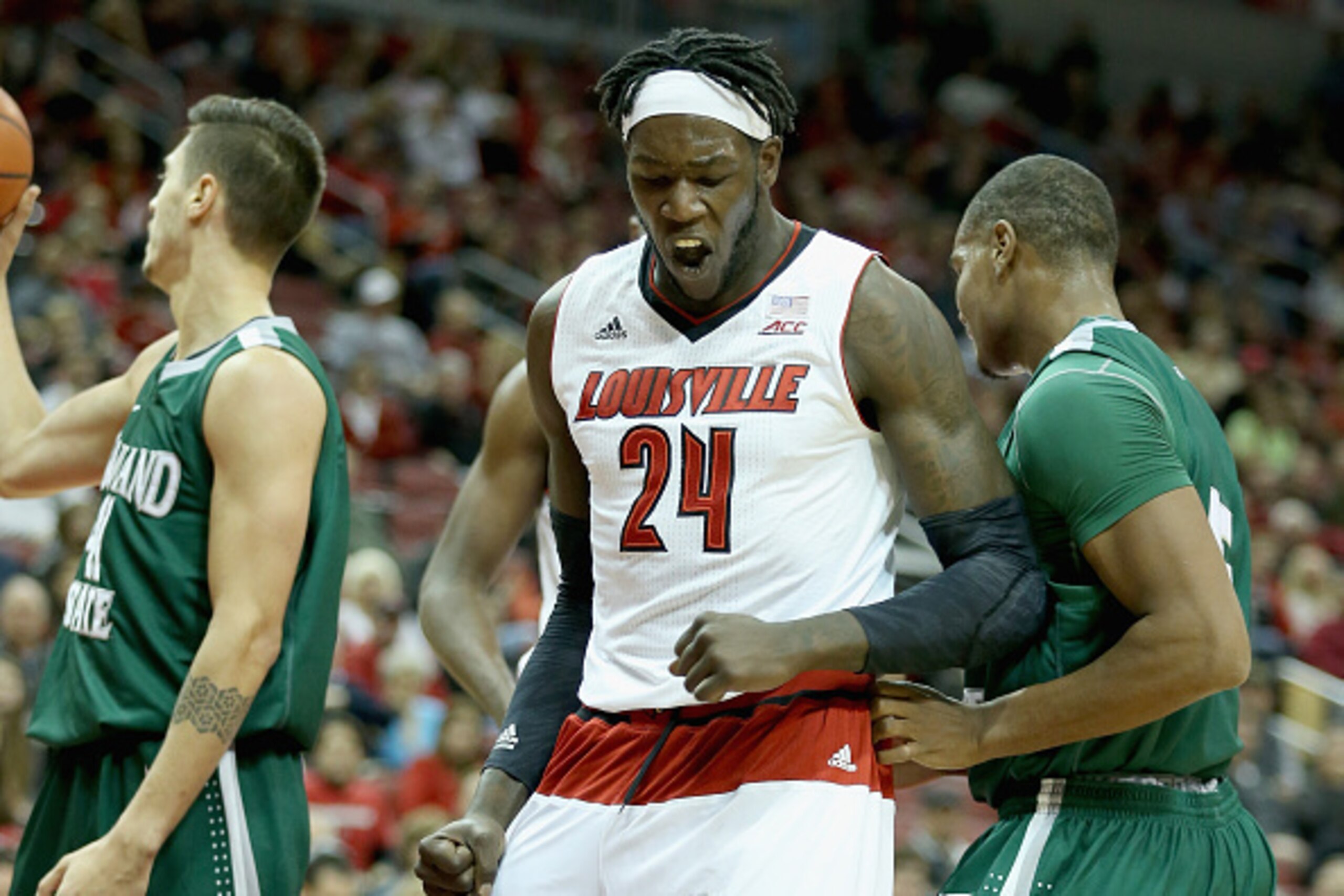 LOUISVILLE, KY - NOVEMBER 26:  Montrezl Harrell #24 of the Louisville Cardinals celebrates during the game against the Cleveland State Vikings at KFC YUM! Center on November 26, 2014 in Louisville, Kentucky.  (Photo by Andy Lyons/Getty Images)