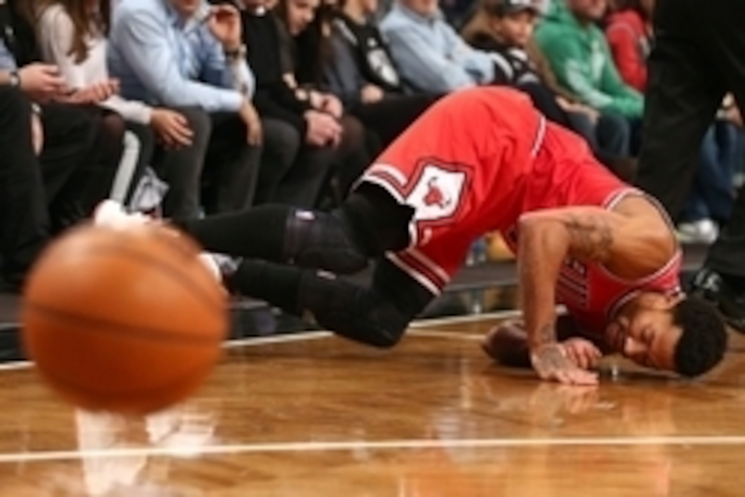 Nov 30, 2014; Brooklyn, NY, USA; Chicago Bulls point guard Derrick Rose (1) falls after being fouled by Brooklyn Nets shooting guard Bojan Bogdanovic (not pictured) during the first quarter at Barclays Center. Mandatory Credit: Brad Penner-USA TODAY Sport Nov 30, 2014; Brooklyn, NY, USA; Chicago Bulls point guard Derrick Rose (1) falls after being fouled by Brooklyn Nets shooting guard Bojan Bogdanovic (not pictured) during the first quarter at Barclays Center. Mandatory Credit: Brad Penner-USA TODAY Sport