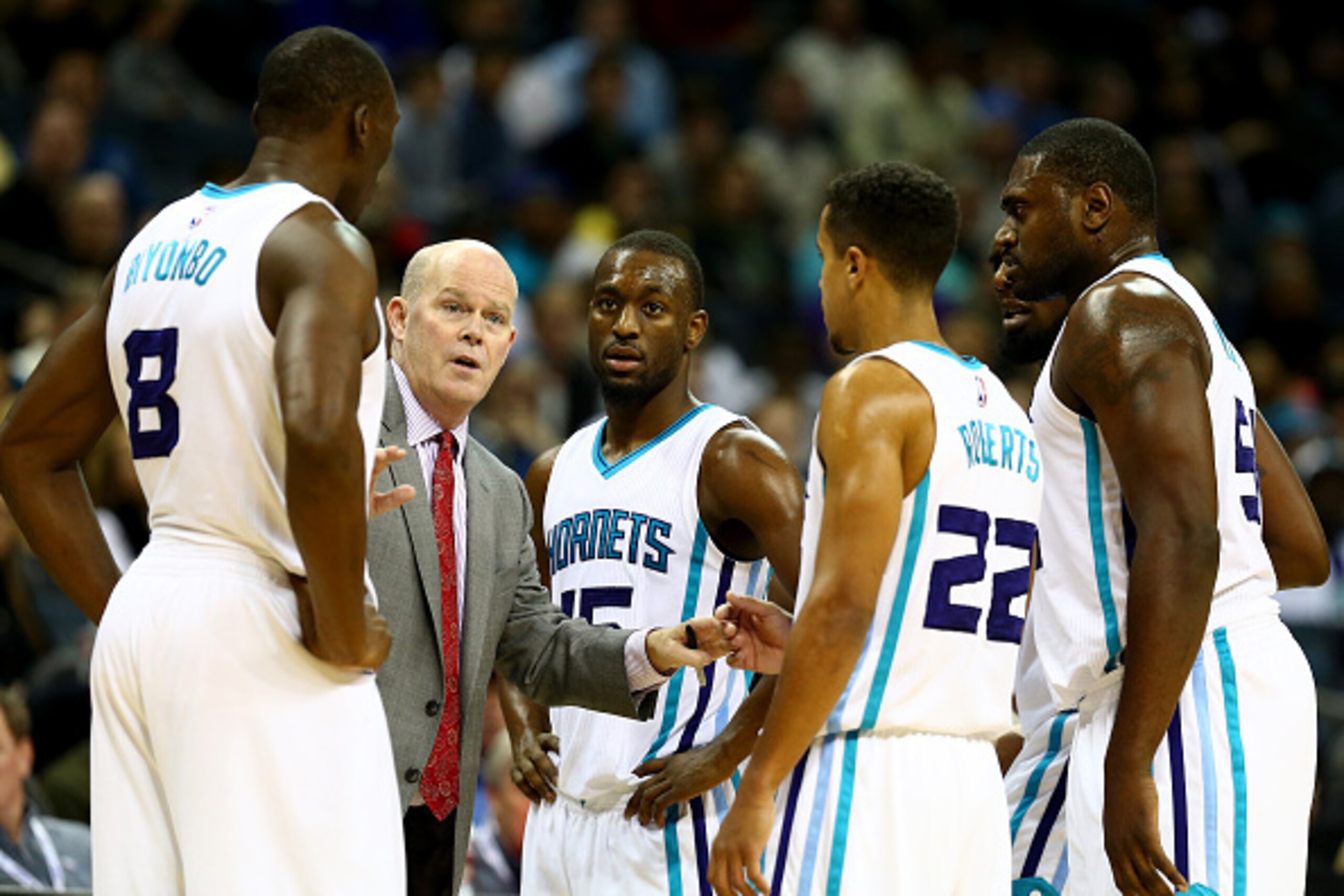 CHARLOTTE, NC - NOVEMBER 26:  Head coach Steve Clifford of the Charlotte Hornets talks to his team during their game against the Portland Trail Blazers at Time Warner Cable Arena on November 26, 2014 in Charlotte, North Carolina.  NOTE TO USER: User expre