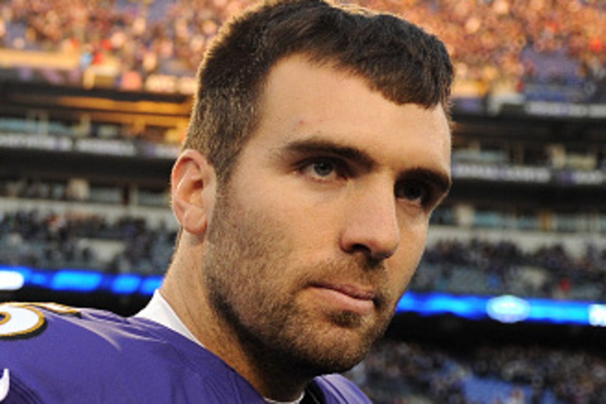 BALTIMORE, MD - NOVEMBER 30: Quarterback Joe Flacco #5 of the Baltimore Ravens looks on after losing to the San Diego Chargers at M&T Bank Stadium on November 30, 2014 in Baltimore, Maryland. The San Diego Chargers won, 34-33. (Photo by Patrick Smith/Gett