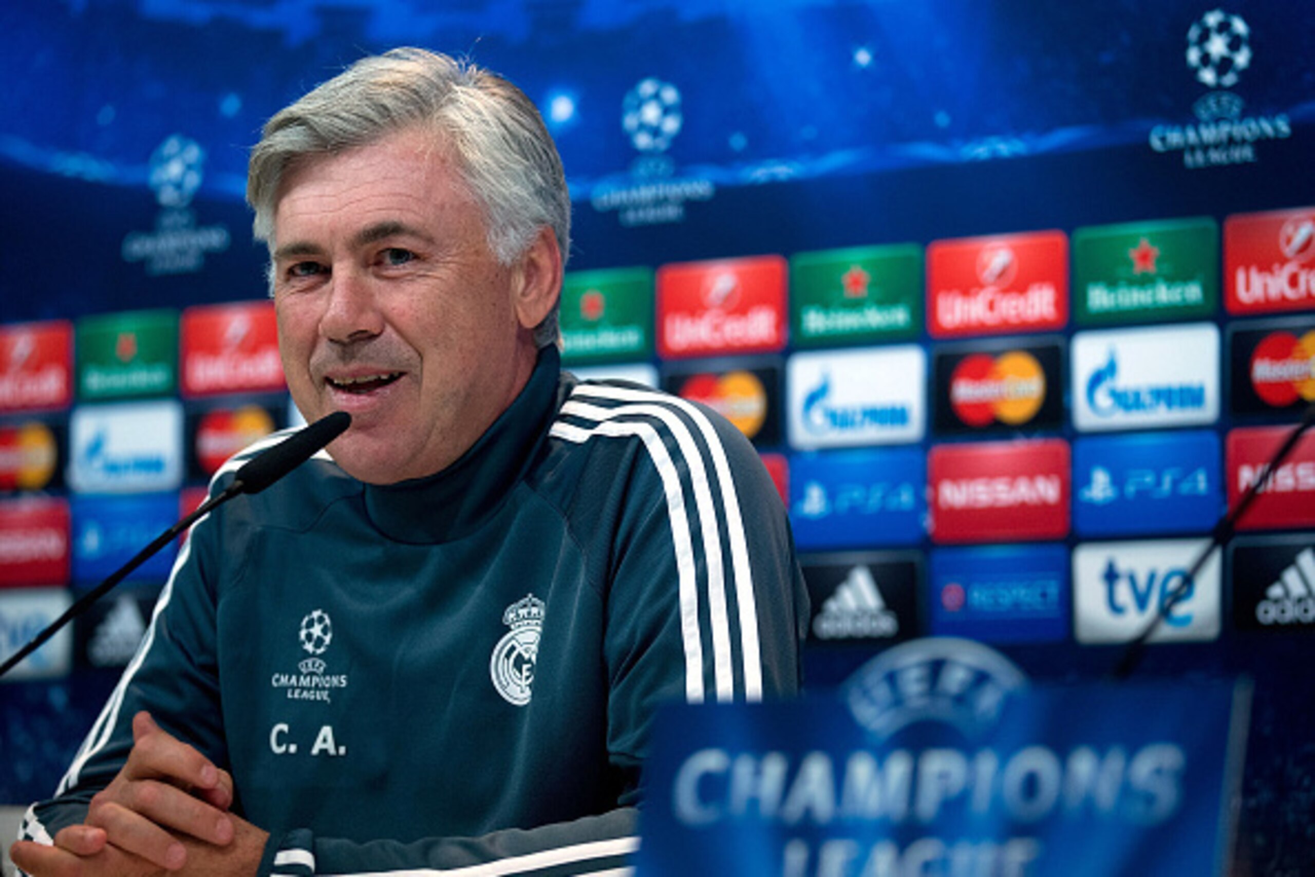 MADRID, SPAIN - NOVEMBER 03:  Head coach Carlo Ancelotti of Real Madrid CF answers questions from the media during a press conference ahead of the UEFA Champions League match against Liverpool FC at Valdebebas training ground on November 3, 2014 in Madrid