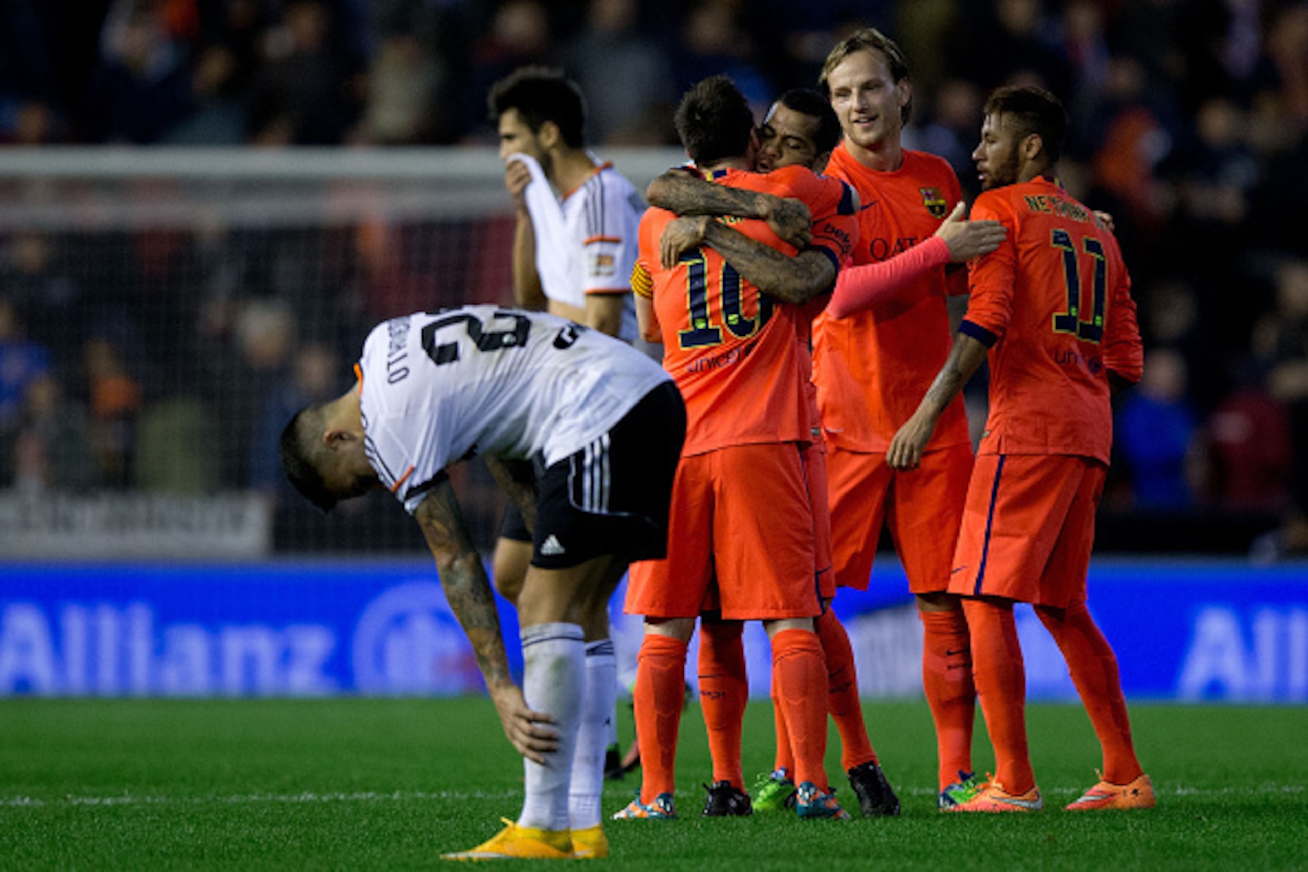 VALENCIA, SPAIN - NOVEMBER 30: Barcelona FC players Lionel Messi (L), Dani Alves (2ndL), Ivan Rakitic (2ndR) and Neymar JR. (R) celebrate their victory after the La Liga match between Valencia CF and FC Barcelona at Estadi de Mestalla on November 30, 2014