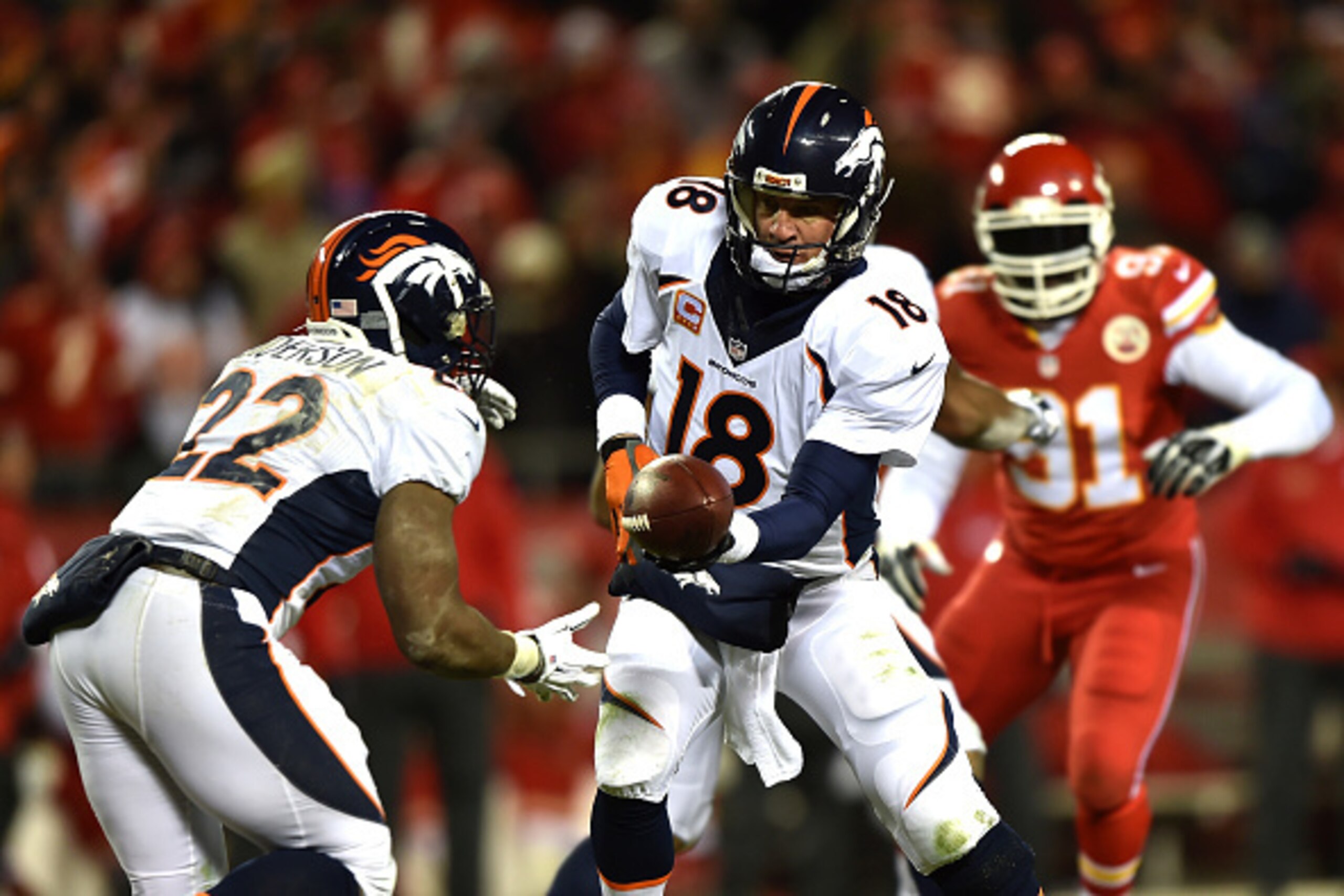 KANSAS CITY, MO - NOVEMBER 30:   Peyton Manning #18 drops back to  C.J. Anderson #22 of the Denver Broncos during the game against the Kansas City Chiefs at Arrowhead Stadium on November 30, 2014 in Kansas City, Missouri.  (Photo by Peter Aiken/Getty Imag