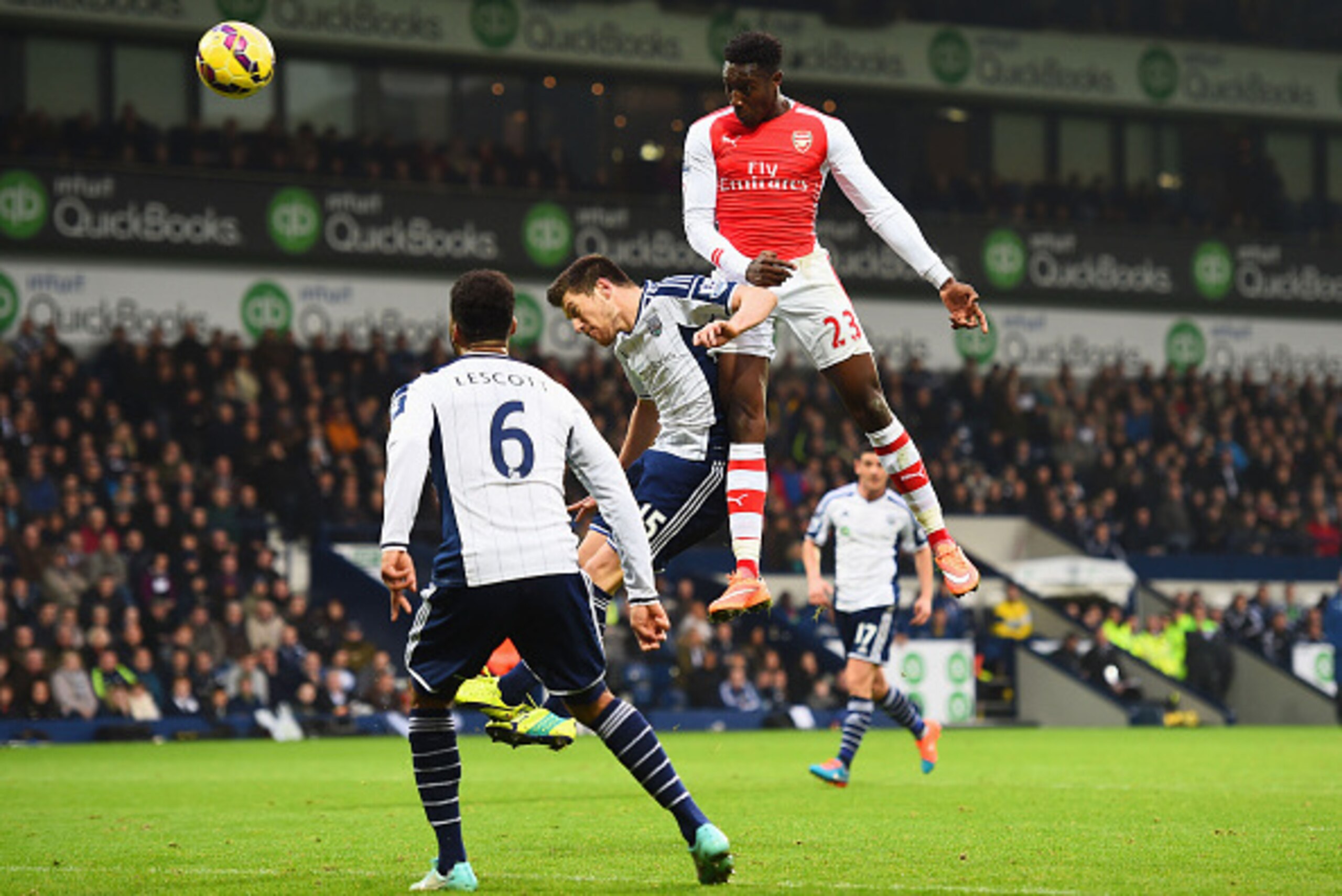 WEST BROMWICH, ENGLAND - NOVEMBER 29:  Danny Welbeck of Arsenal (23) scores their first goal with a header during the Barclays Premier League match between West Bromwich Albion and Arsenal at The Hawthorns on November 29, 2014 in West Bromwich, England.  