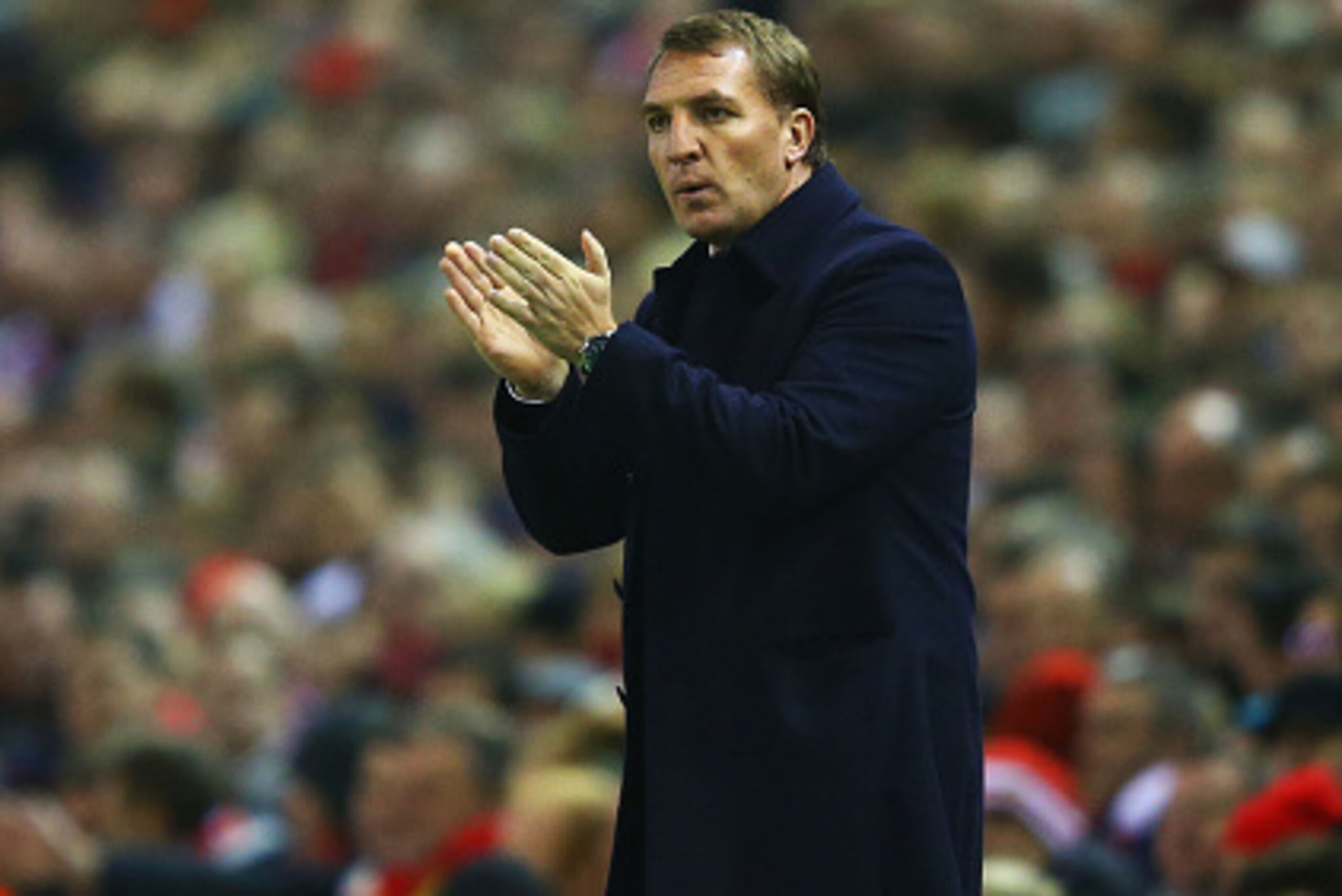 LIVERPOOL, ENGLAND - NOVEMBER 29:  Brendan Rodgers manager of Liverpool applauds during the Barclays Premier League match between Liverpool and Stoke City at Anfield on November 29, 2014 in Liverpool, England.  (Photo by Richard Heathcote/Getty Images)