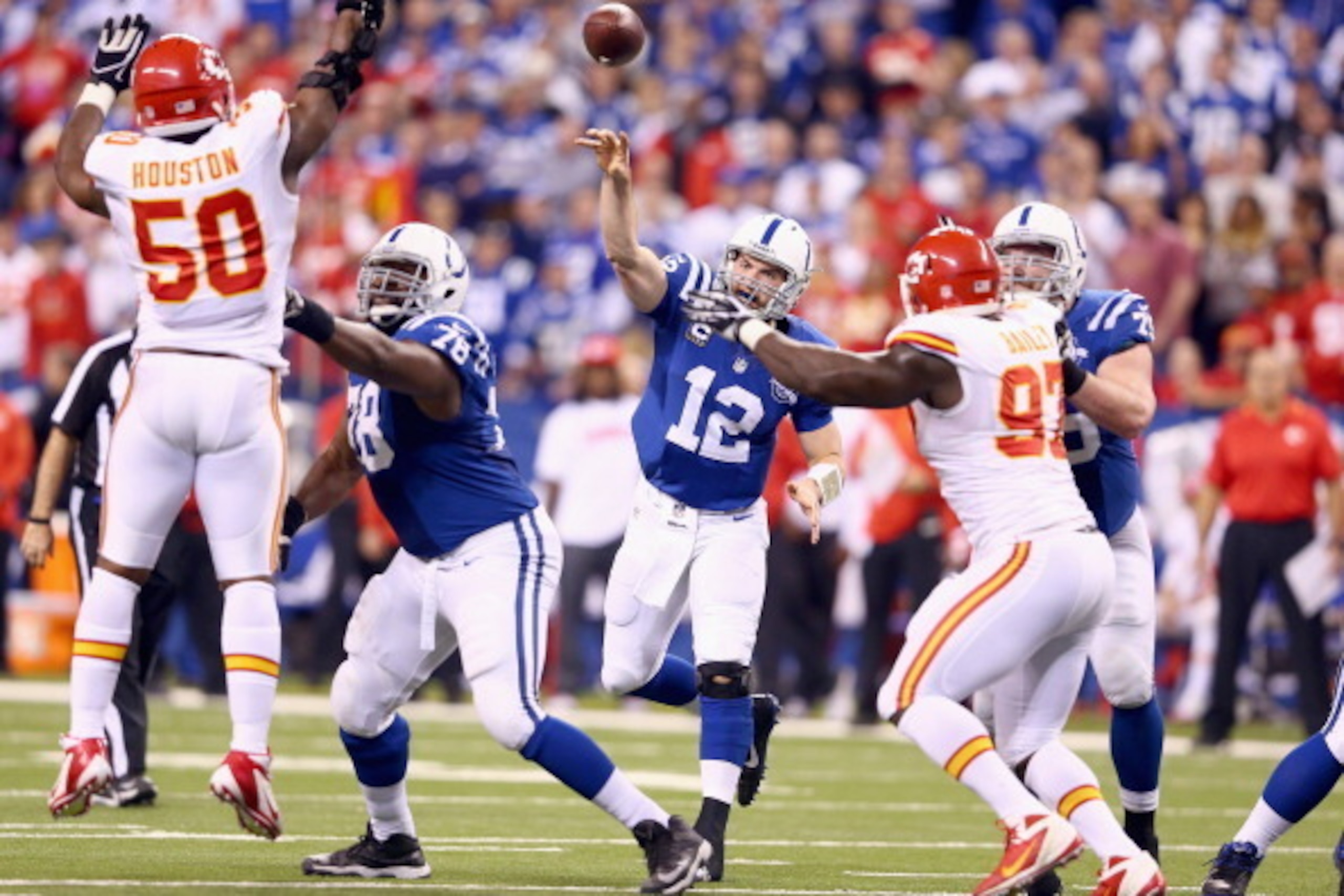 INDIANAPOLIS, IN - JANUARY 04:  Andrew Luck #12 of the Indianapolis Colts throws a pass during the NFL Wild Card Playoff game against the Kansas City Chiefs at Lucas Oil Stadium on January 4, 2014 in Indianapolis, Indiana.  (Photo by Andy Lyons/Getty Imag