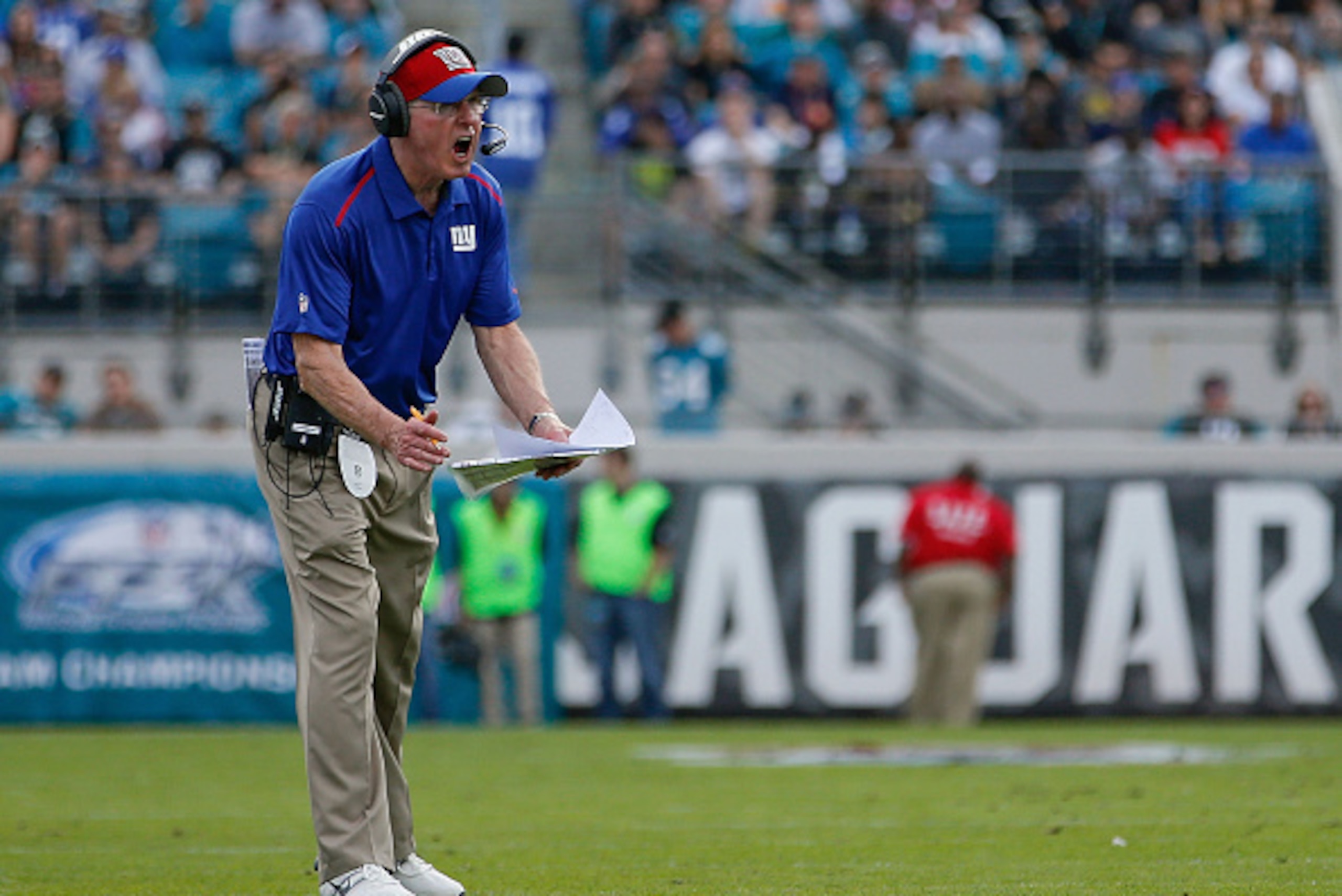 JACKSONVILLE, FL - NOVEMBER 30: New York Giants head coach Tom Coughlin yells during the first half of the game against the Jacksonville Jaguars at EverBank Field on November 30, 2014 in Jacksonville, Florida.  (Photo by Rob Foldy/Getty Images)