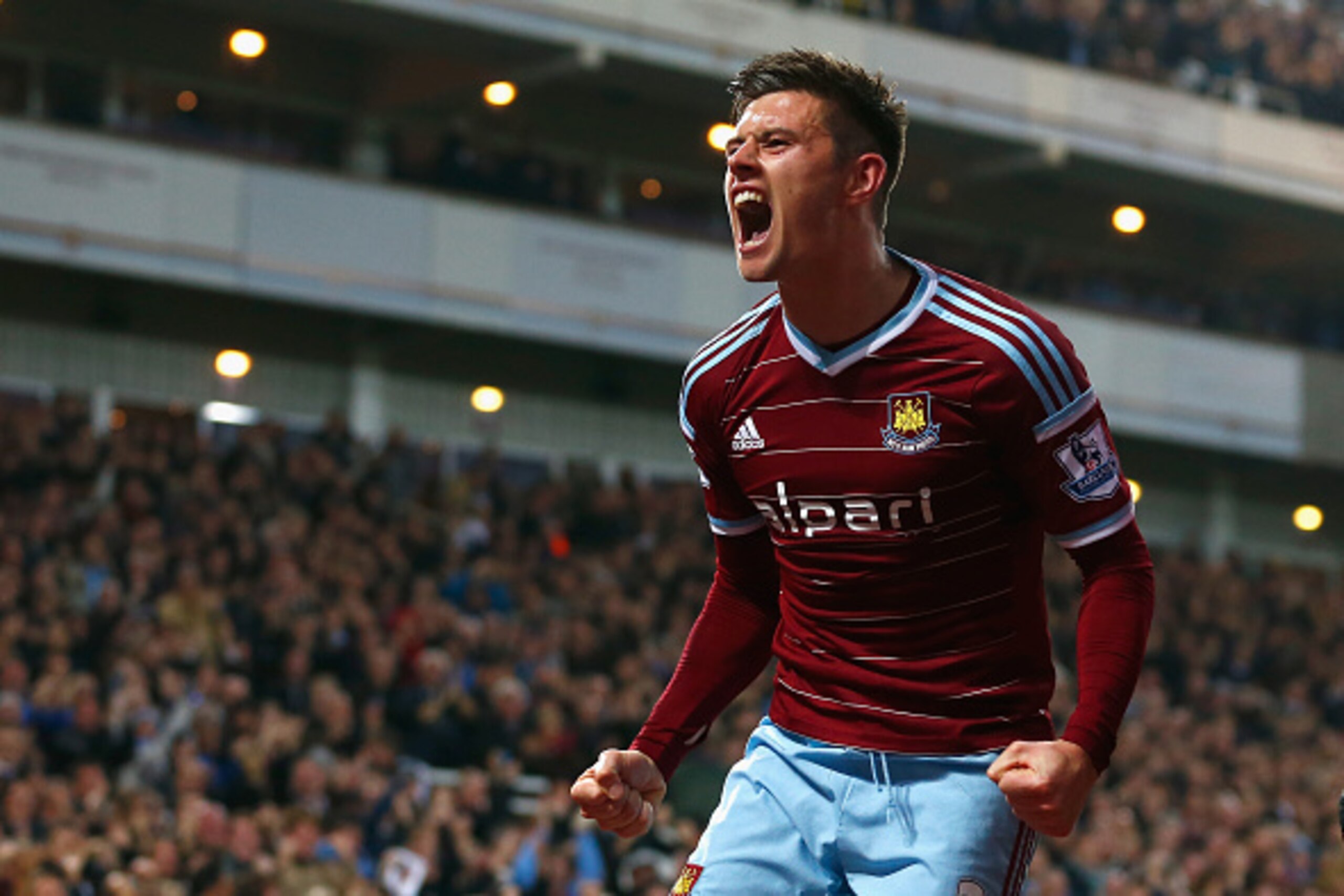 LONDON, ENGLAND - NOVEMBER 29:  Aaron Cresswell of West Ham celebrates scoring opening goal during the Barclays Premier League match between West Ham United and Newcastle United at Boleyn Ground on November 29, 2014 in London, England.  (Photo by Julian F