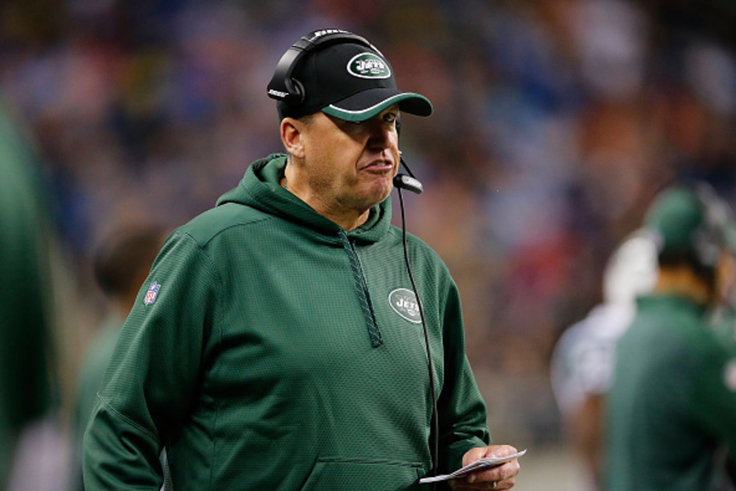DETROIT, MI - NOVEMBER 24:  New York Jets head coach Rex Ryan watches the action during the fourth quarter of the game against the Buffalo Bills at Ford Field on November 24, 2014 in Detroit, Michigan. The Bills defeated the Jets 38-3.  (Photo by Leon Hal