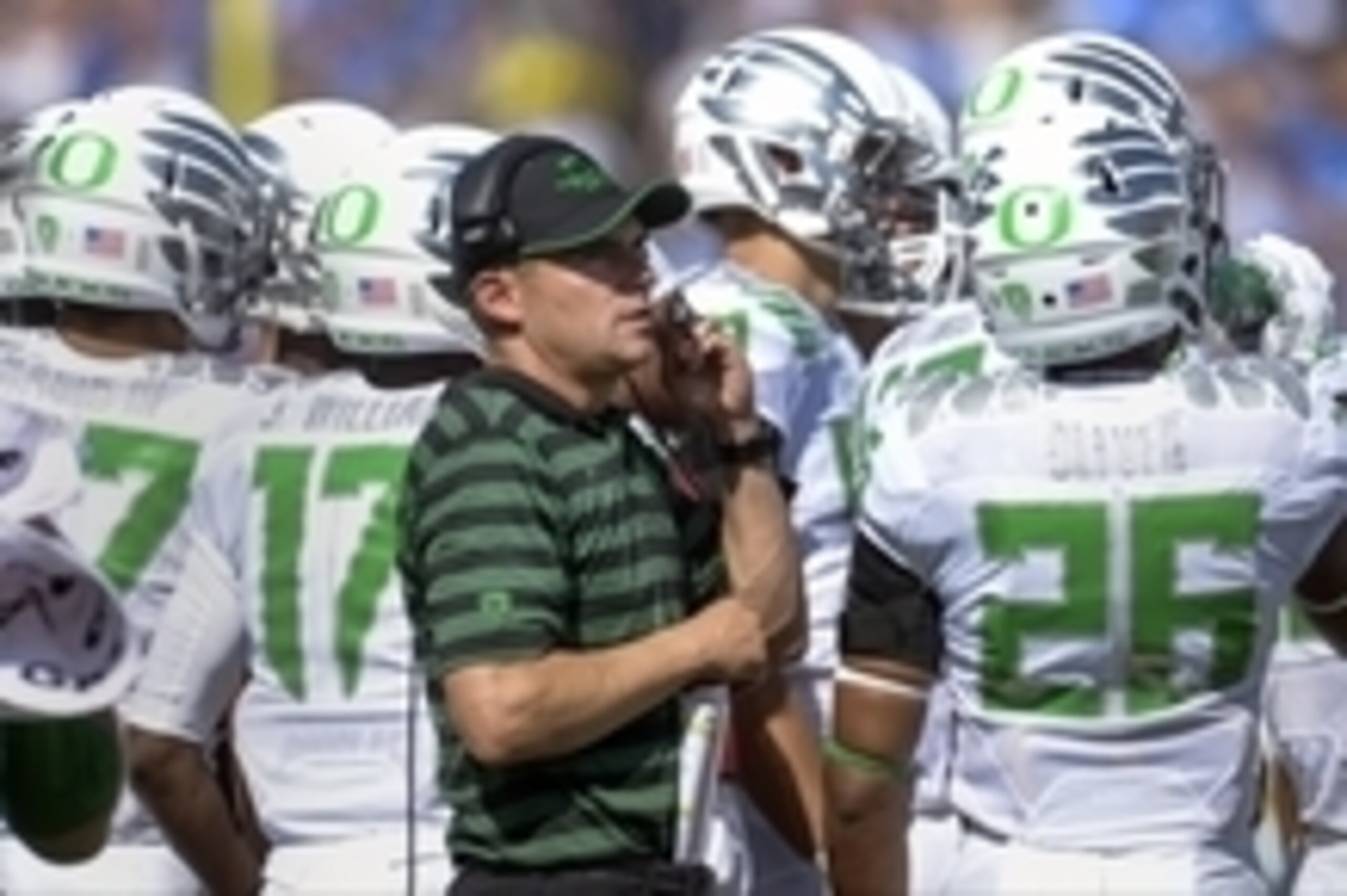 Oct 11, 2014; Pasadena, CA, USA; Oregon Ducks head coach Mark Helfrich on the sidelines during the first half against UCLA Bruins at the Rose Bowl. Oregon went on to a 42-30 win. Mandatory Credit: Robert Hanashiro-USA TODAY Sports