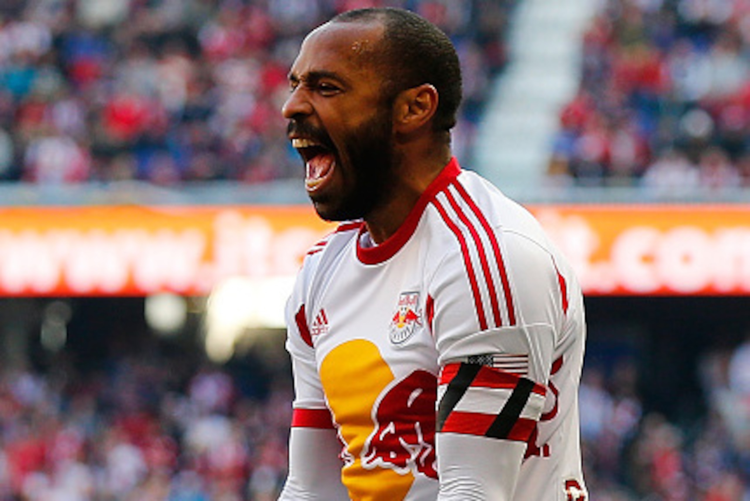 HARRISON, NJ - NOVEMBER 23: Thierry Henry #14 of New York Red Bulls reacts during the game against the New England Revolution during the Eastern Conference Final - Leg 1 at Red Bull Arena on November 23, 2014 in Harrison, New Jersey. (Photo by Mike Stob HARRISON, NJ - NOVEMBER 23: Thierry Henry #14 of New York Red Bulls reacts during the game against the New England Revolution during the Eastern Conference Final - Leg 1 at Red Bull Arena on November 23, 2014 in Harrison, New Jersey. (Photo by Mike Stob