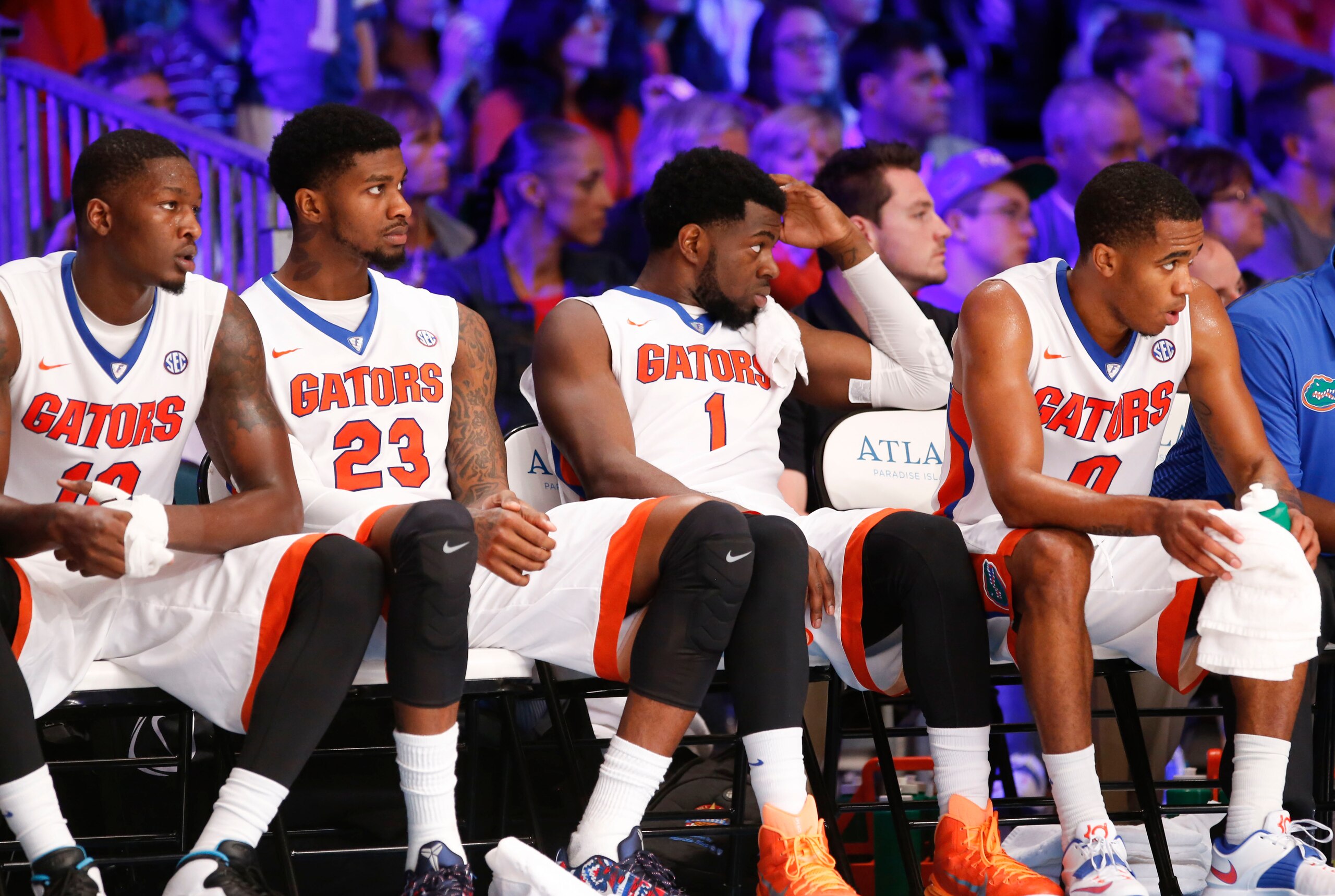 Nov 28, 2014; Paradise Island, BAHAMAS; Florida Gators players react during the game against the North Carolina Tar Heels at Imperial Arena at Atlantis Resort. Mandatory Credit: Kevin Jairaj-USA TODAY Sports