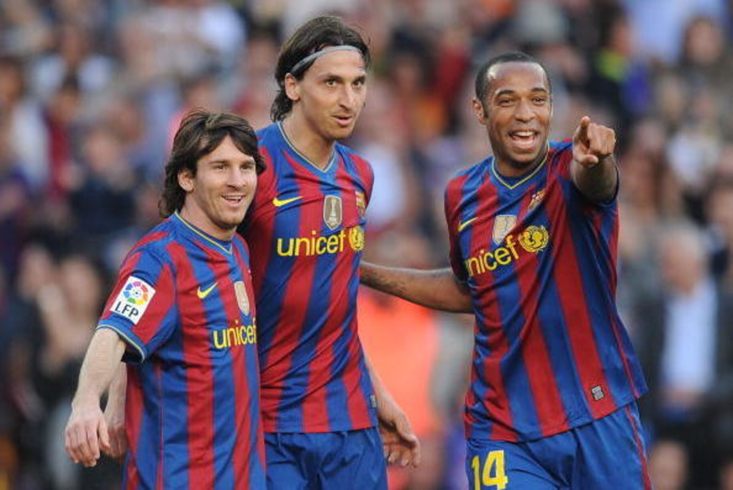 BARCELONA, SPAIN - APRIL 24: Lionel Messi (L), Zlatan Ibrahimovic (C) and Thierry Henry of Barcelona celebrate after Ibrahimovic scored his team's third goal during the La Liga match between Barcelona and Xerez CD at Camp Nou stadium on April 24, 2010 in BARCELONA, SPAIN - APRIL 24: Lionel Messi (L), Zlatan Ibrahimovic (C) and Thierry Henry of Barcelona celebrate after Ibrahimovic scored his team's third goal during the La Liga match between Barcelona and Xerez CD at Camp Nou stadium on April 24, 2010 in