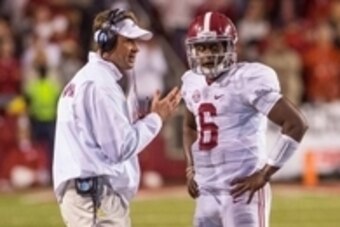 Oct 11, 2014; Fayetteville, AR, USA; Alabama Crimson Tide offensive coordinator Lane Kiffin talks with quarterback Blake Sims (6) during a game against the Arkansas Razorbacks at Donald W. Reynolds Razorback Stadium. Alabama defeated Arkansas 14-13. Manda
