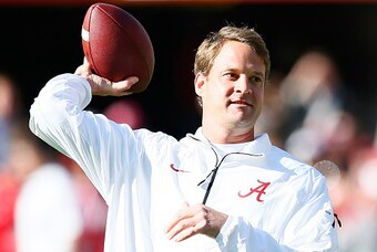 TUSCALOOSA, AL - NOVEMBER 15:  Offensive Coordinator Lane Kiffin of the Alabama Crimson Tide works out during pregame warmups prior to facing the Mississippi State Bulldogs at Bryant-Denny Stadium on November 15, 2014 in Tuscaloosa, Alabama.  (Photo by Ke
