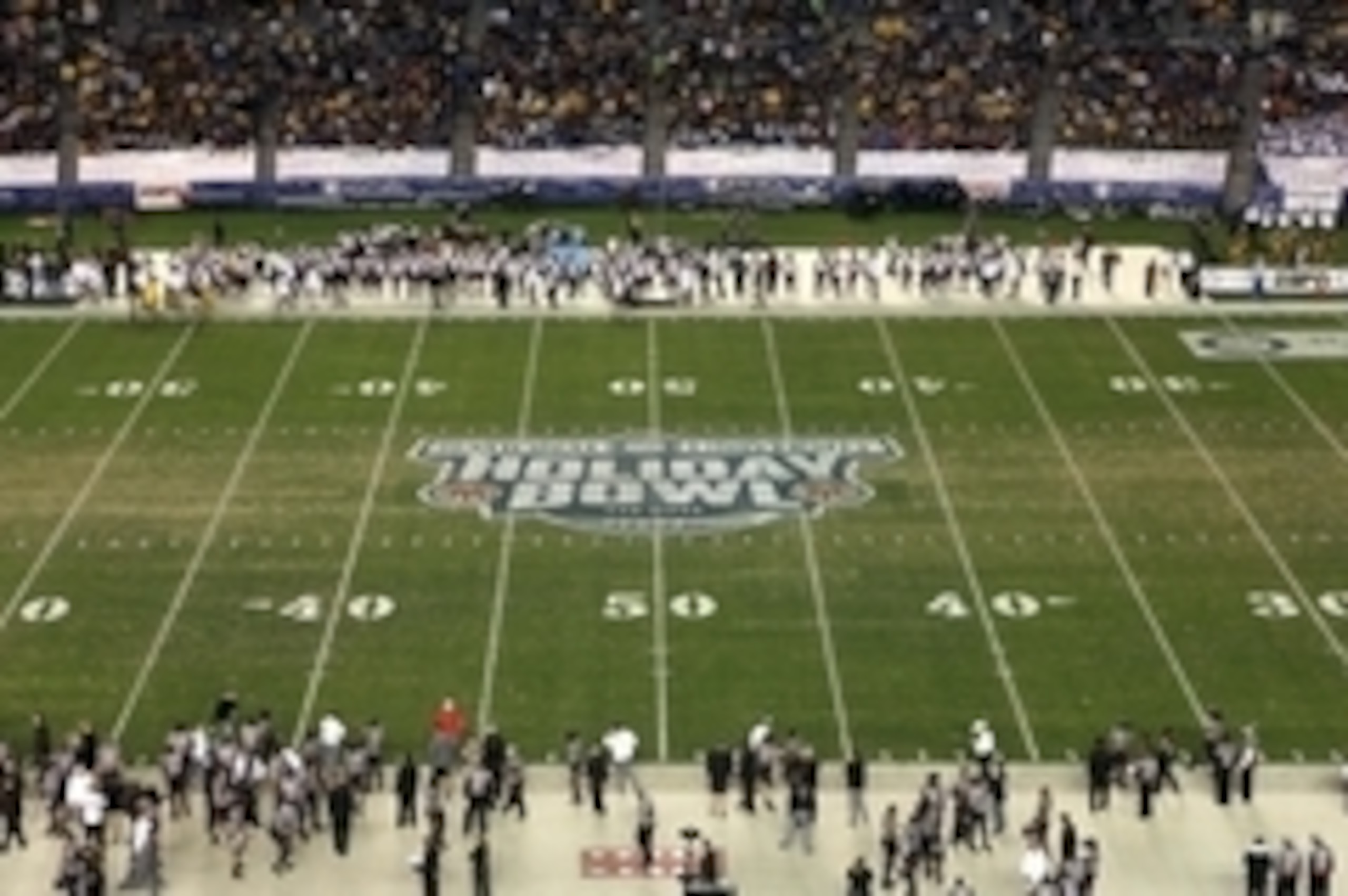 Dec 30, 2013; San Diego, CA, USA; General view of the  2013 Holiday Bowl logo at midfield during the game between the Arizona State Sun Devils and the Texas Tech Red Raiders at Qualcomm Stadium. Mandatory Credit: Kirby Lee-USA TODAY Sports