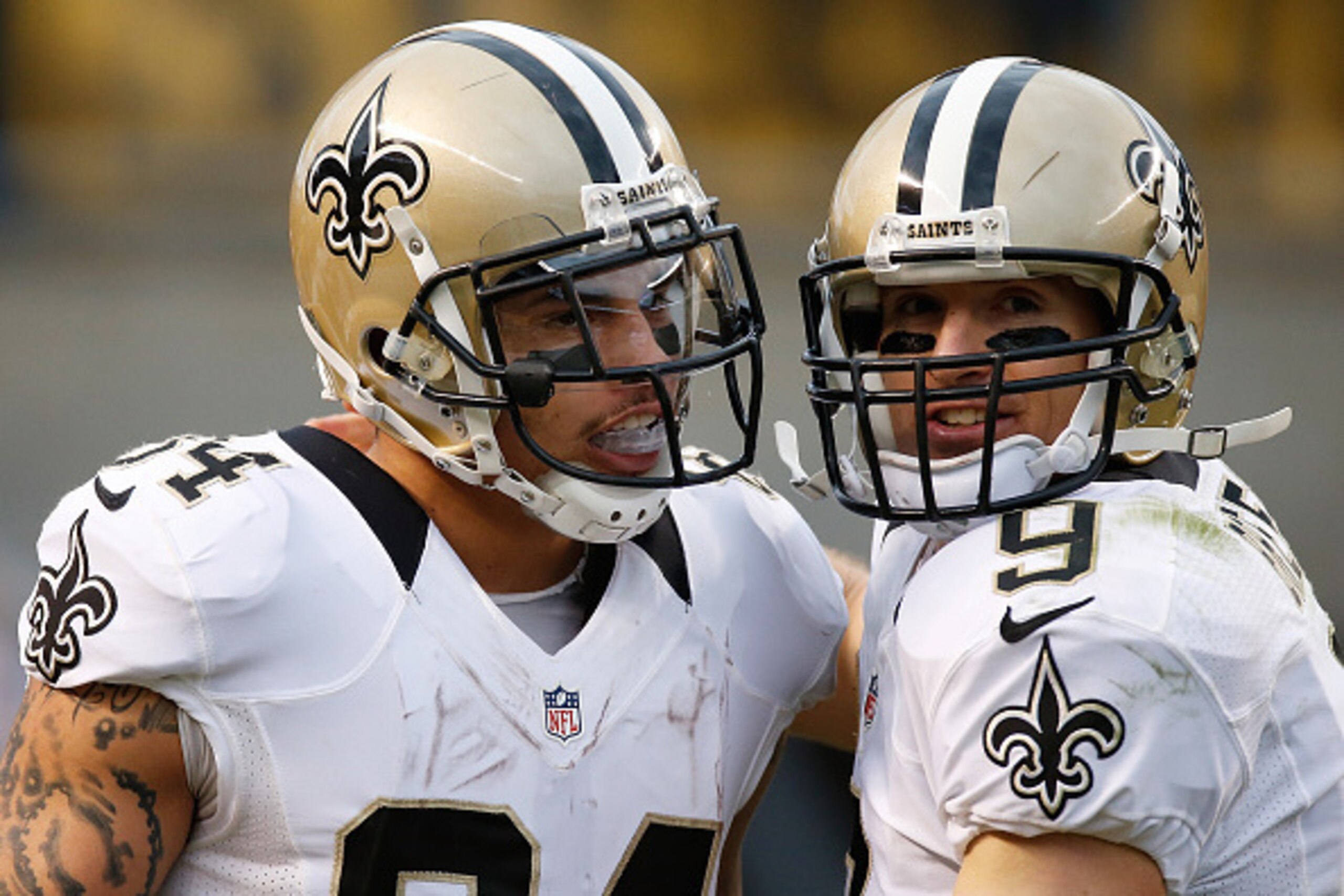 PITTSBURGH, PA - NOVEMBER 30:  Kenny Stills #84 celebrates his touchdown with Drew Brees #9 of the New Orleans Saints during the third quarter against the Pittsburgh Steelers at Heinz Field on November 30, 2014 in Pittsburgh, Pennsylvania.  (Photo by Greg