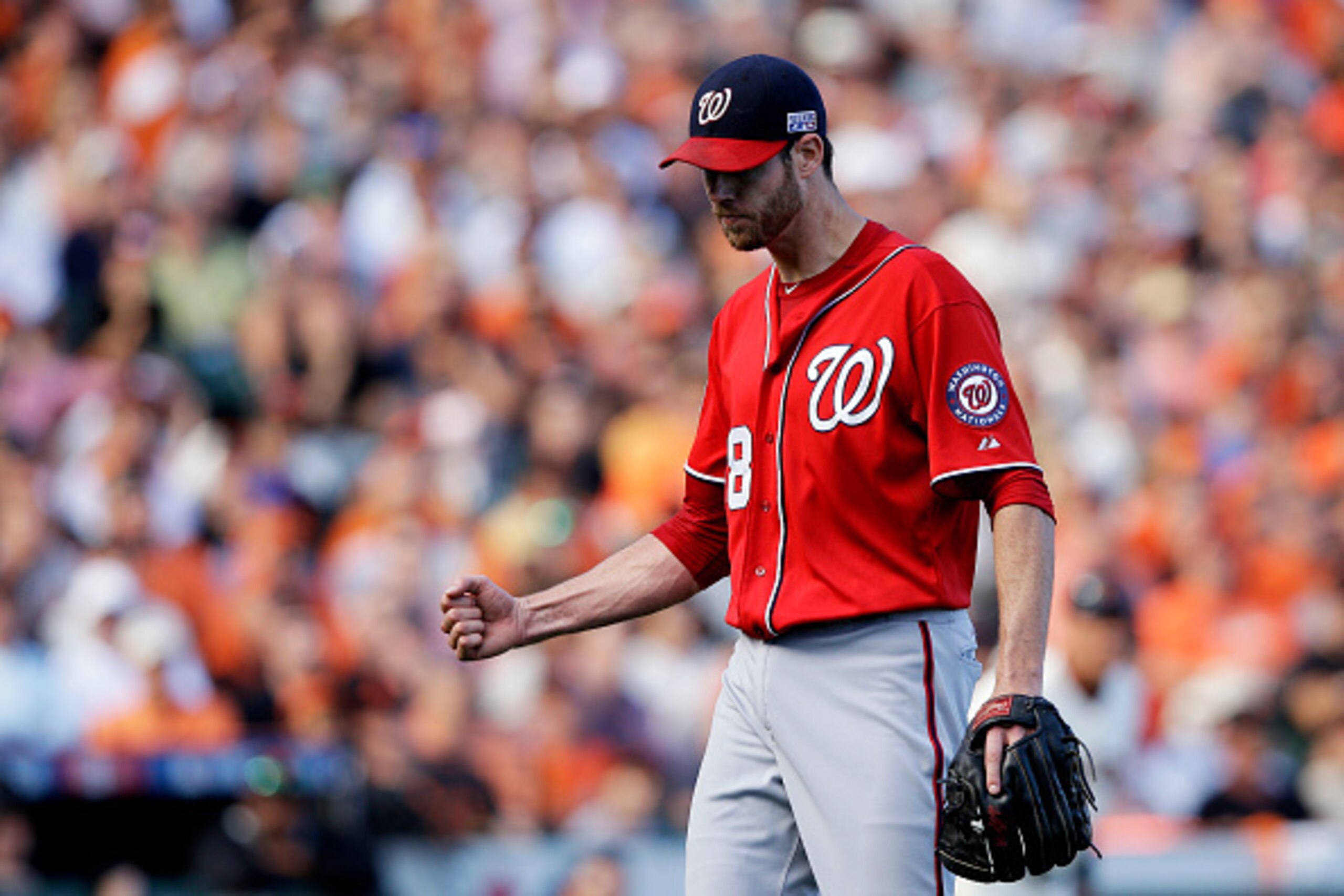 SAN FRANCISCO, CA - OCTOBER 06:  Doug Fister #58 of the Washington Nationals reacts after the final out of the seventh inning against the San Francisco Giants during Game Three of the National League Division Series at AT&T Park on October 6, 2014 in San 