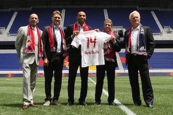 HARRISON, NJ - JULY 15:  (L-R) MLS Commisioner Don Garber, Head of Red Bull Global Soccer Dietmar Beiersdorfer, Thierry Henry, Managing Director Erik Soler and Head Coach Hans Backe pose for a photo on July 15, 2010 at Red Bull Arena in Harrison, New Jers
