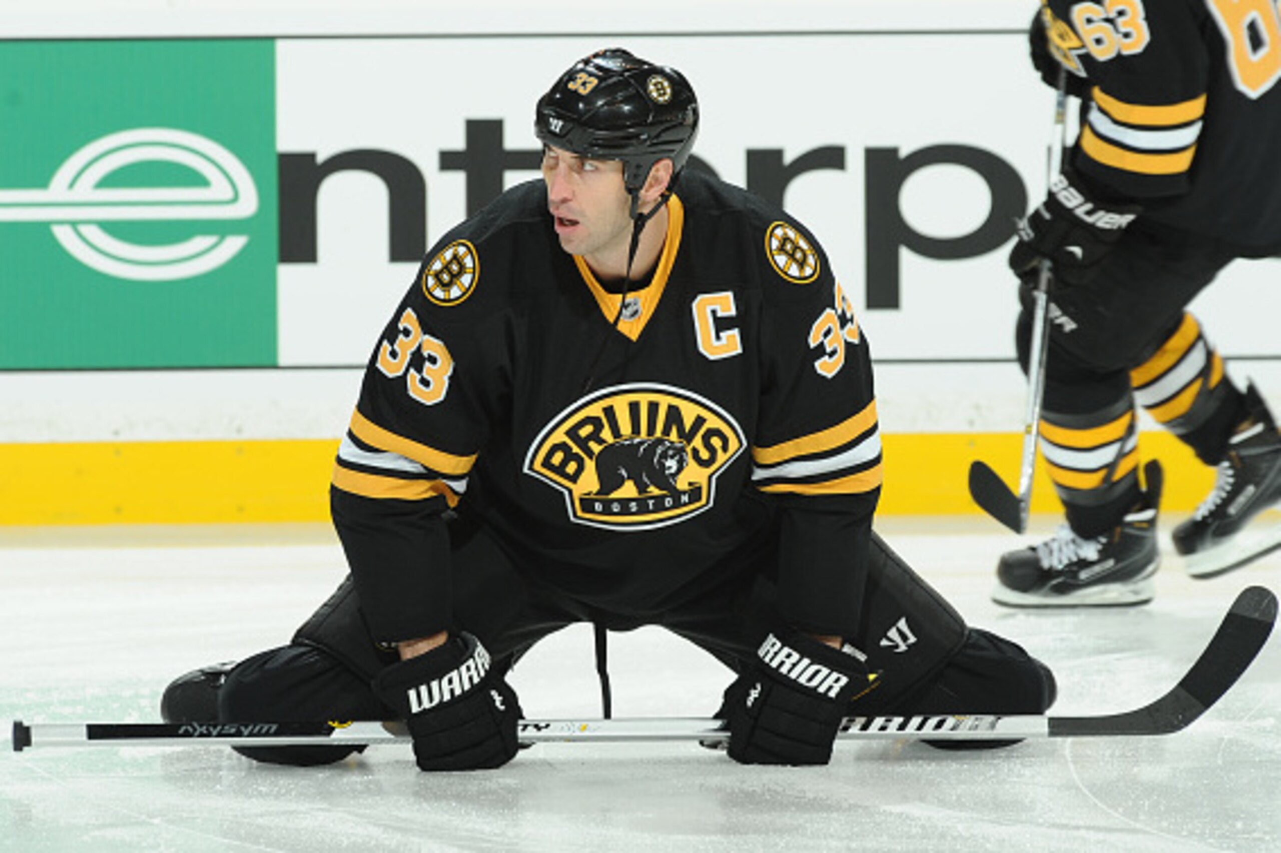 BOSTON, MA - OCTOBER 21: Zdeno Chara #33 of the Boston Bruins stretches during warm ups before the game against the San Jose Sharks at the TD Garden on October 21, 2014 in Boston, Massachusetts.  (Photo by Steve Babineau/NHLI via Getty Images)