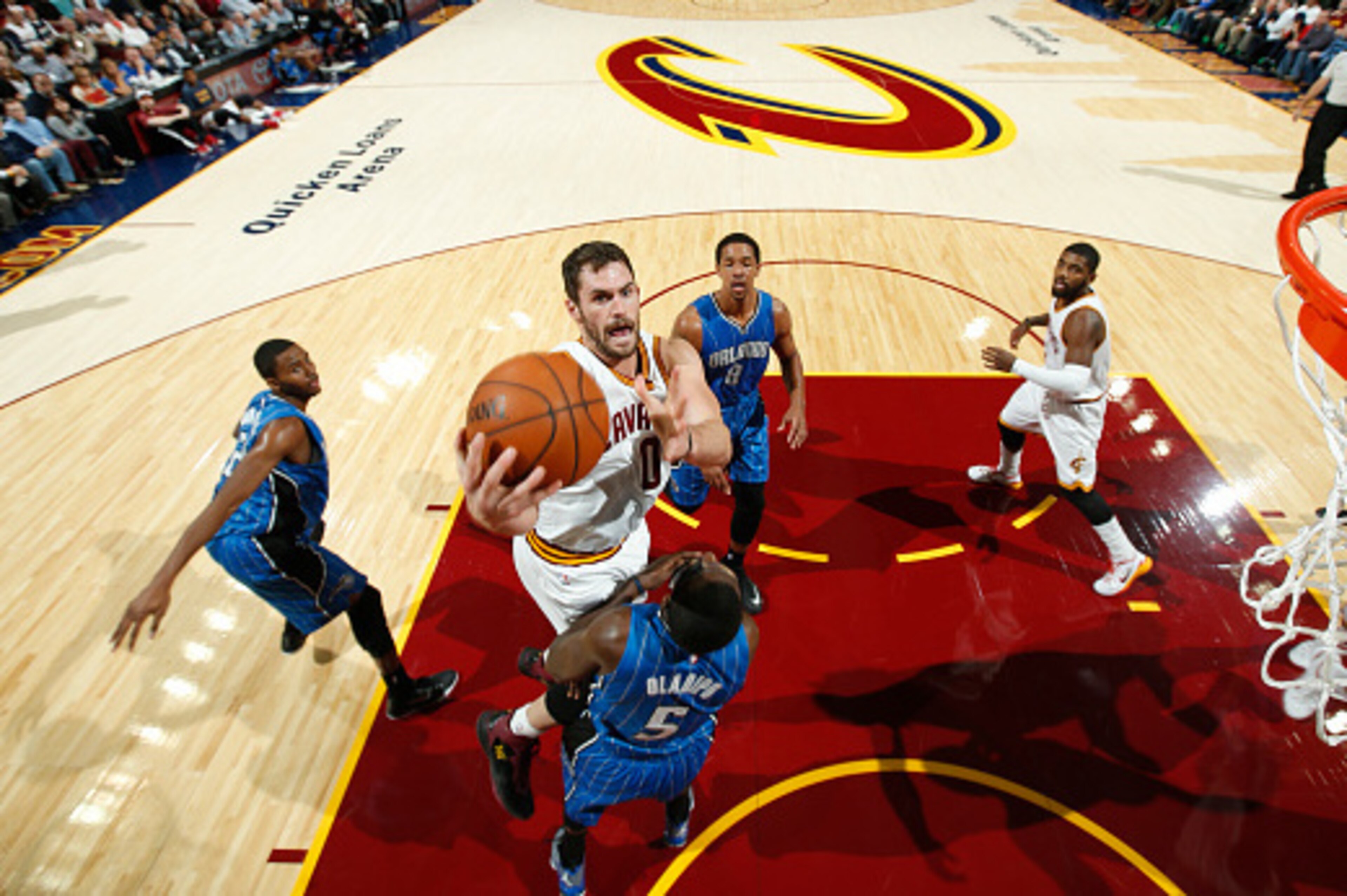 CLEVELAND, OH - NOVEMBER 24:  Kevin Love #0 of the Cleveland Cavaliers drives to the basket against the Orlando Magic at The Quicken Loans Arena on November 24, 2014 in Cleveland, Ohio. NOTE TO USER: User expressly acknowledges and agrees that, by downloa