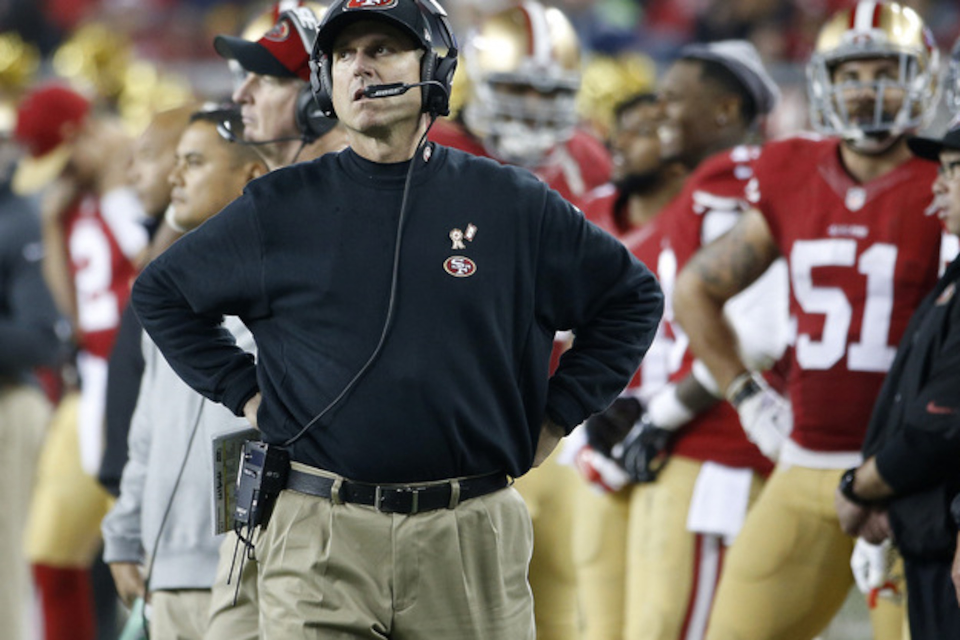 Harbaugh is part of a 12-man cast that influences the offense. Harbaugh is part of a 12-man cast that influences the offense.