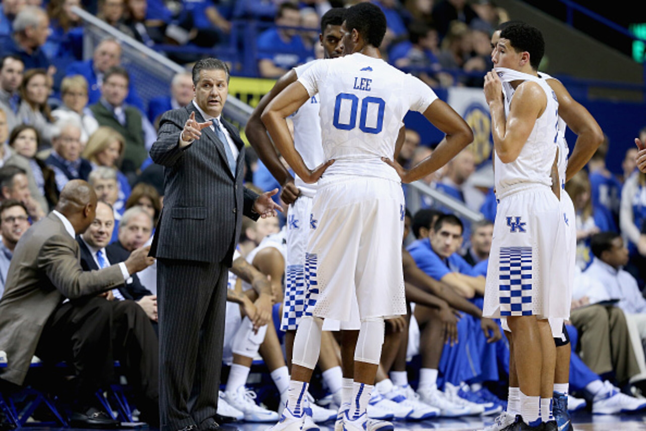 LEXINGTON, KY - NOVEMBER 25:  John Calipari the head coach of the Kentucky Wildcats gives instructions to his team during the game against the Texas-Arlington Mavericks at Rupp Arena on November 25, 2014 in Lexington, Kentucky.  (Photo by Andy Lyons/Getty