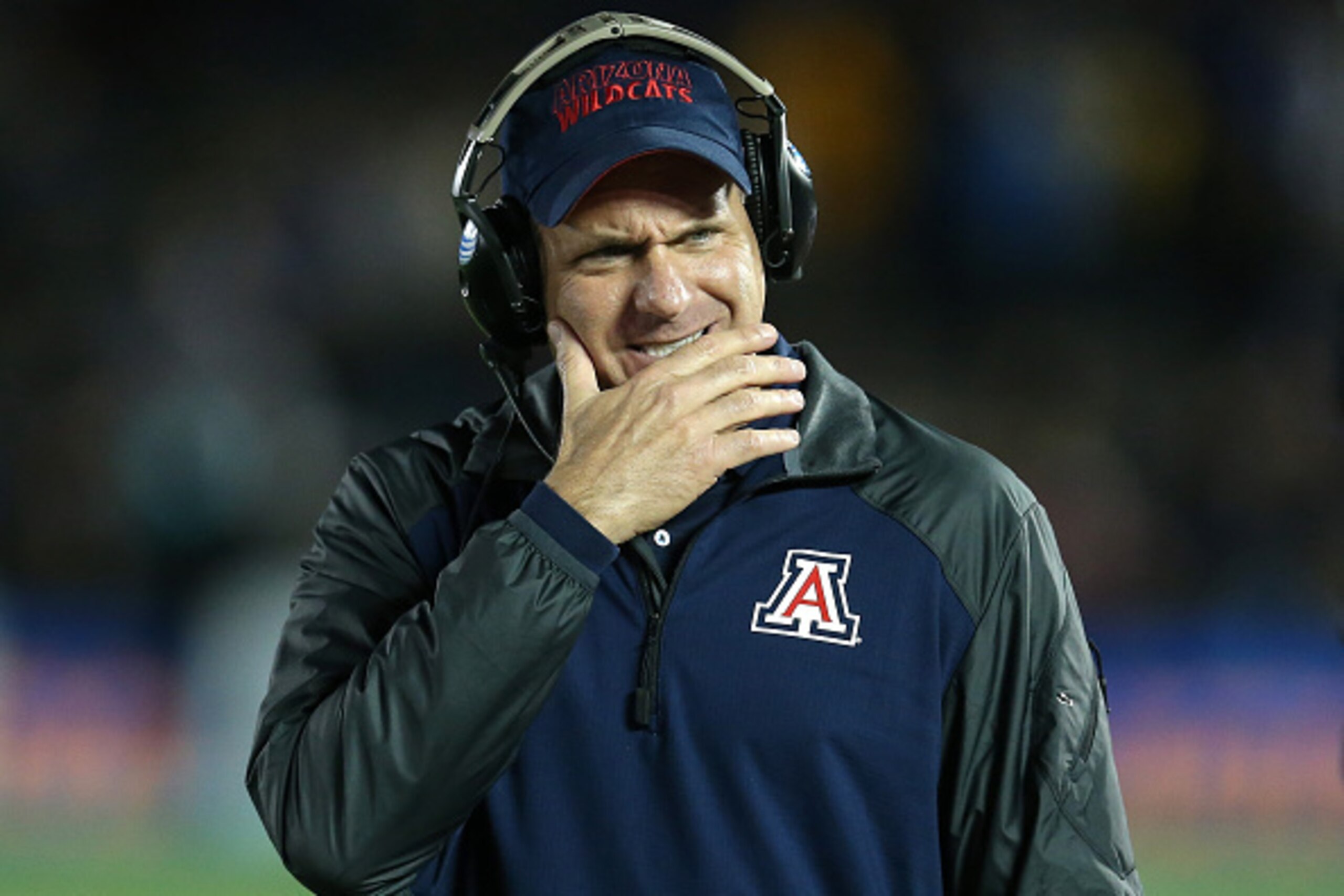 PASADENA, CA - NOVEMBER 01:  Head coach Rich Rodriguez of the Arizona Wildcats reacts after a dropped pass in the game against the UCLA Bruins at the Rose Bowl on November 1, 2014 in Pasadena, California.   UCLA won 17-7.  (Photo by Stephen Dunn/Getty Ima