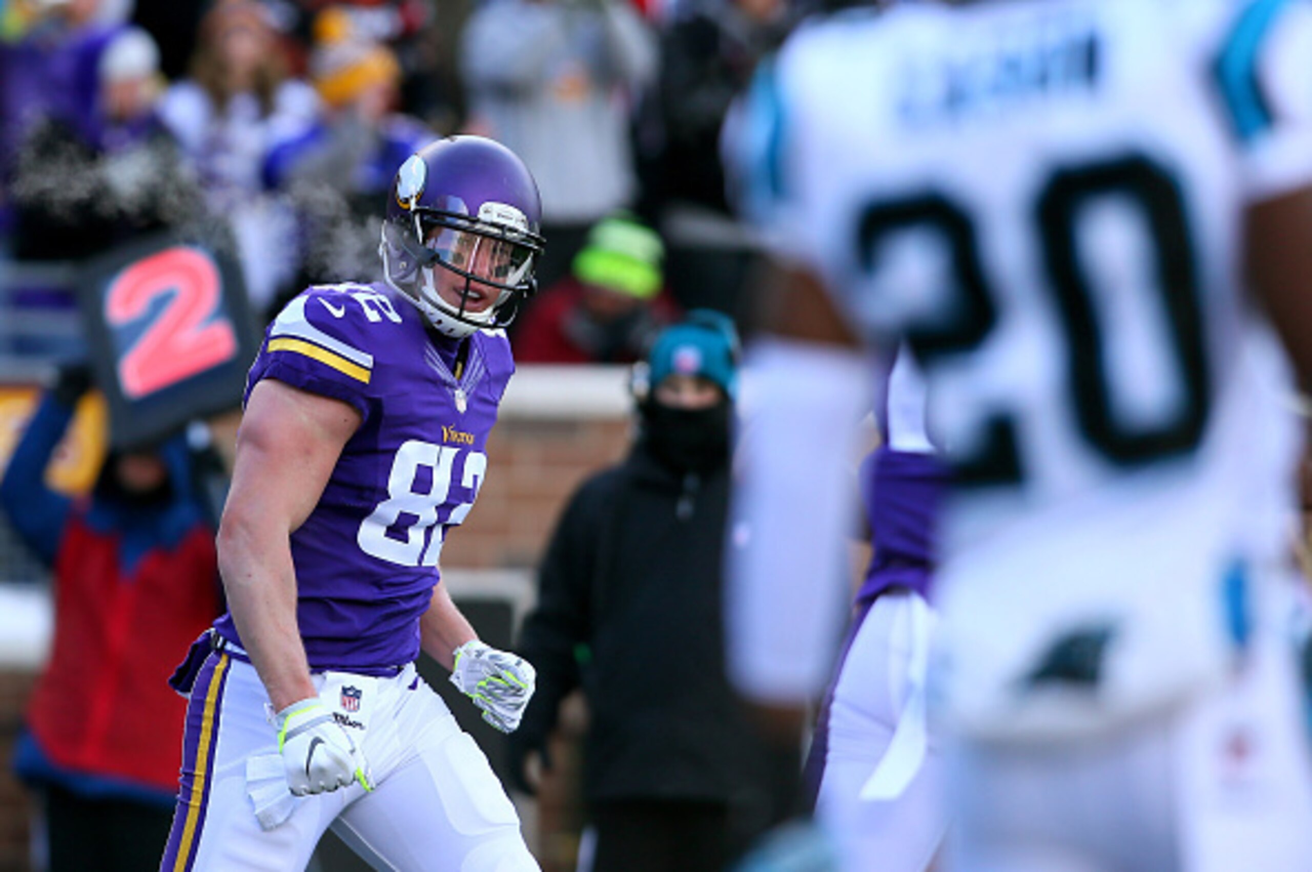 MINNEAPOLIS, MN - NOVEMBER 30: Kyle Rudolph #82 of the Minnesota Vikings celebrates scoring a touchdown in the first quarter against the Carolina Panthers on November 30, 2014 at TCF Bank Stadium in Minneapolis, Minnesota. (Photo by Adam Bettcher/Getty Im