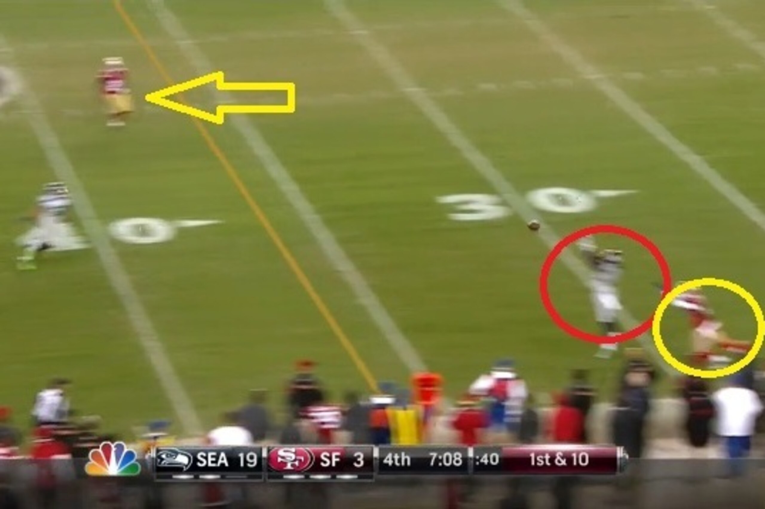 Gore (yellow arrow) would have had an easy first down. Kaepernick could have easily thrown the ball away. Instead, Sherman makes the pick.