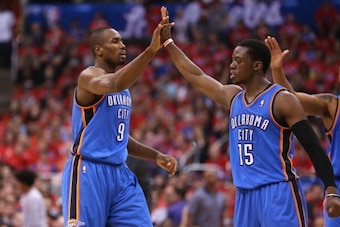 LOS ANGELES, CA - MAY 09:  Serge Ibaka #9 and Reggie Jackson #15 of the Oklahoma City Thunder high five against the Los Angeles Clippers in Game Three of the Western Conference Semifinals during the 2014 NBA Playoffs at Staples Center on May 9, 2014 in Lo
