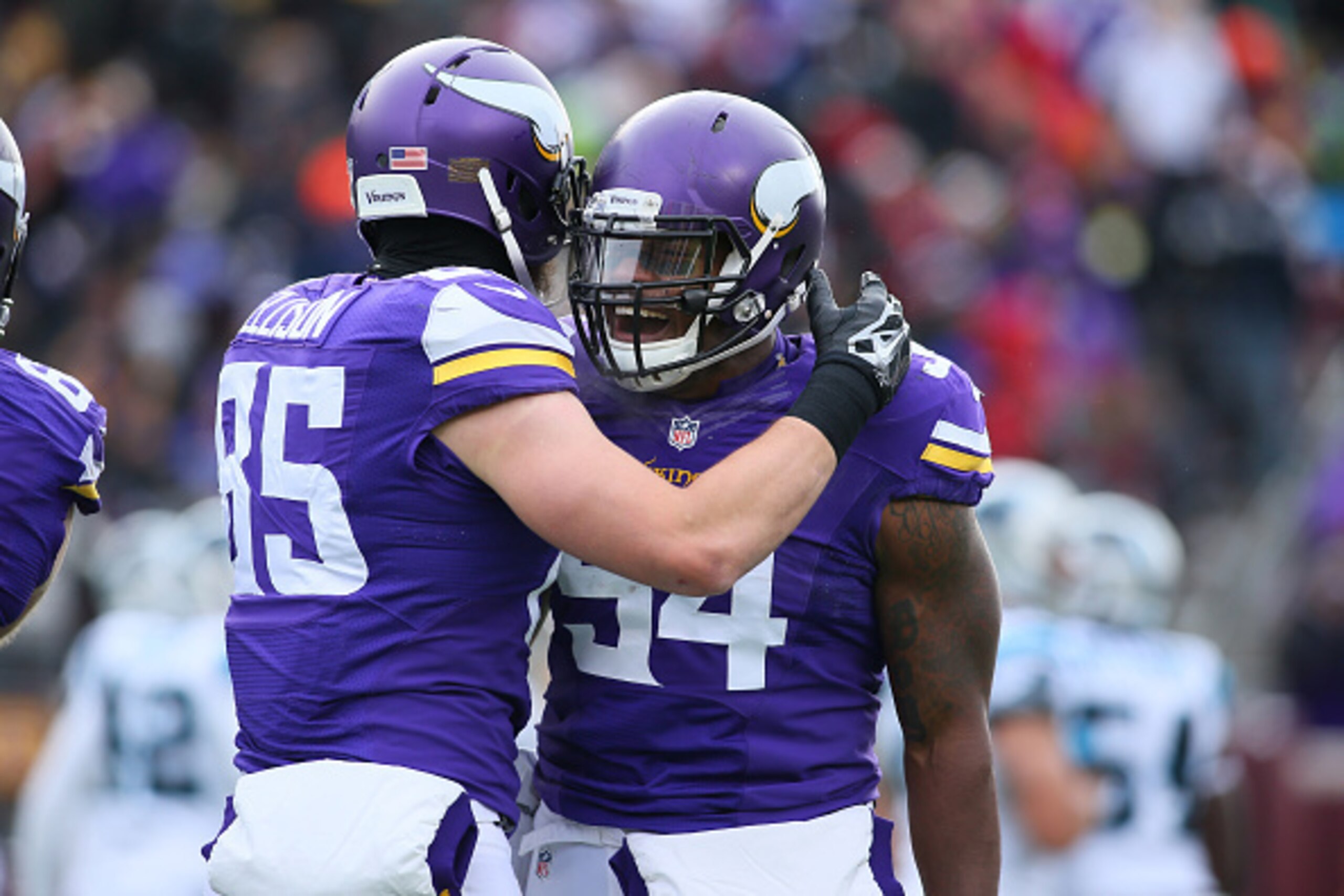 MINNEAPOLIS, MN - NOVEMBER 30: Jasper Brinkley #54 and Rhett Ellison #85 of the Minnesota Vikings celebrate a touchdown against the Carolina Panthers in the second quarter on November 30, 2014 at TCF Bank Stadium in Minneapolis, Minnesota. (Photo by Adam 