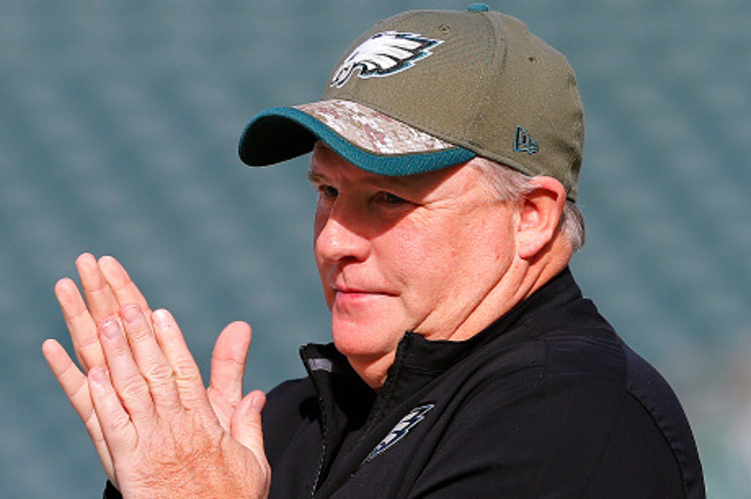 PHILADELPHIA, PA - NOVEMBER 23: Head coach Chip Kelly of the Philadelphia Eagles gestures during warm ups before a football game  against the Tennessee Titans at Lincoln Financial Field on November 23, 2014 in Philadelphia, Pennsylvania. (Photo by Rich Sc