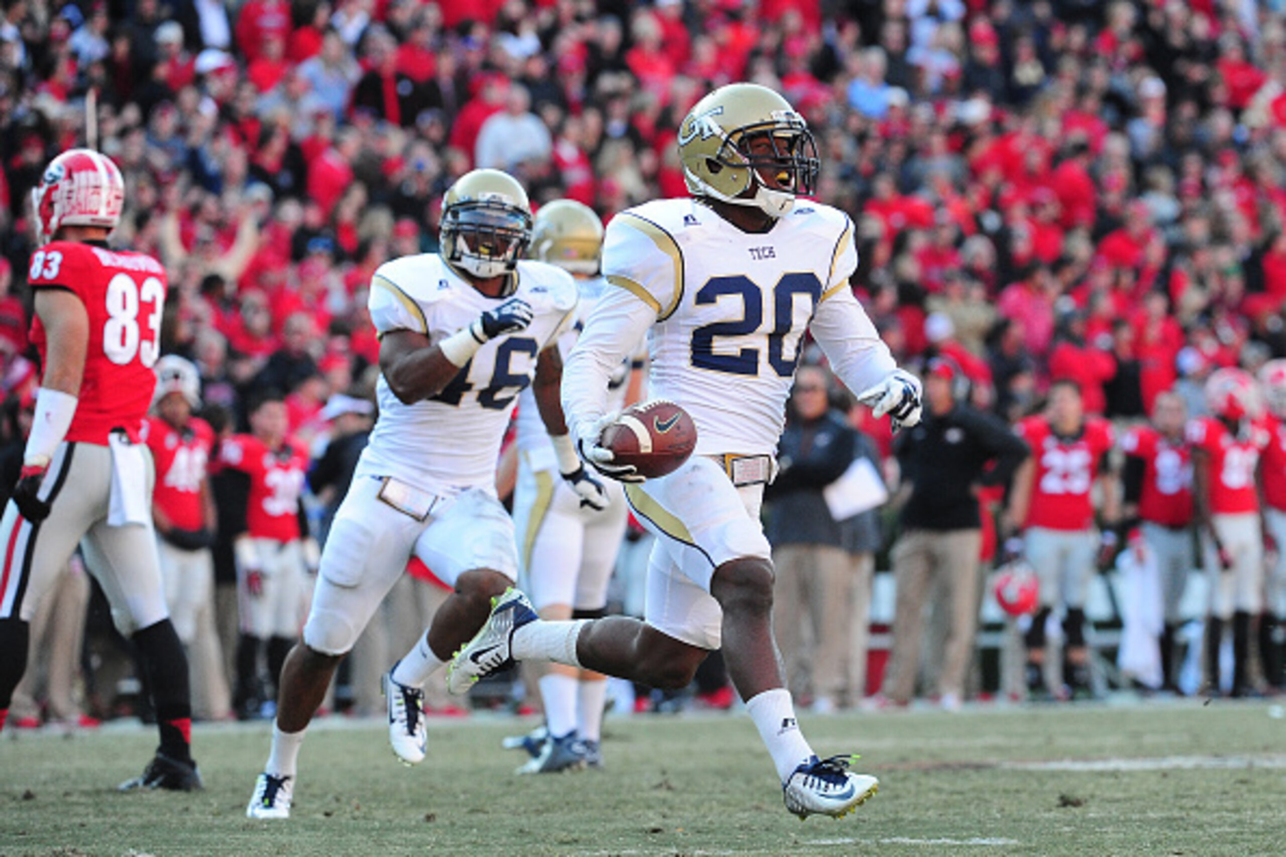 ATHENS, GA - NOVEMBER 29: Lawrence Austin #20 of the Georgia Tech Yellow Jackets celebrates after recovering an onsides kick against the Georgia Bulldogs at Sanford Stadium on November 29, 2014 in Athens, Georgia. (Photo by Scott Cunningham/Getty Images) ATHENS, GA - NOVEMBER 29: Lawrence Austin #20 of the Georgia Tech Yellow Jackets celebrates after recovering an onsides kick against the Georgia Bulldogs at Sanford Stadium on November 29, 2014 in Athens, Georgia. (Photo by Scott Cunningham/Getty Images)