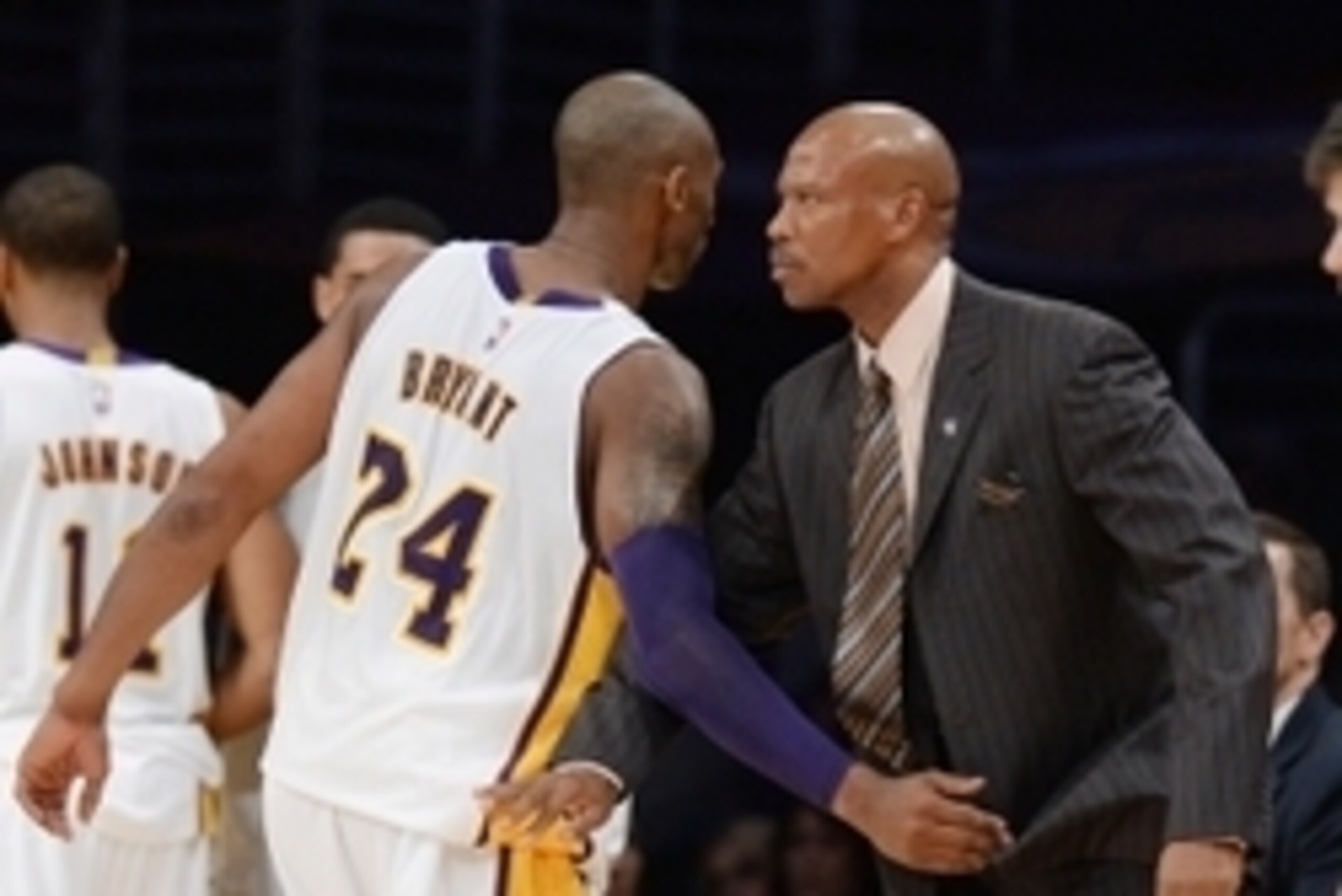 Nov 9, 2014; Los Angeles, CA, USA;  Los Angeles Lakers guard Kobe Bryant (24) and head coach Byron Scott in the second half of the game against the Charlotte Hornets at Staples Center. Lakers won 107-92. Mandatory Credit: Jayne Kamin-Oncea-USA TODAY Sport