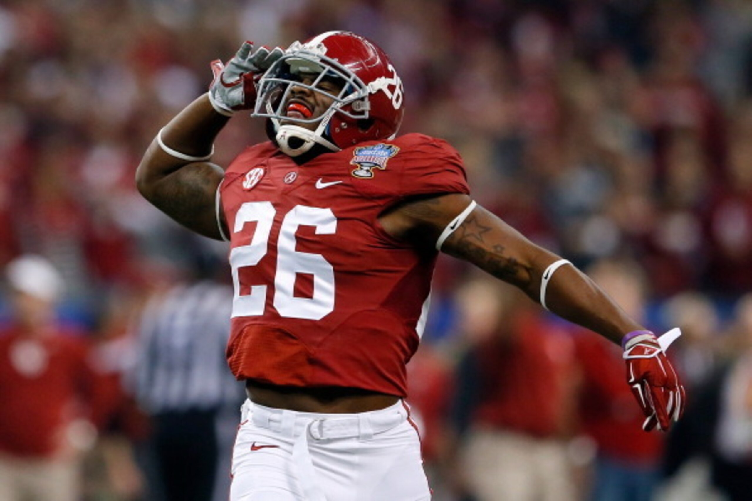 NEW ORLEANS, LA - JANUARY 02:  Landon Collins #26 of the Alabama Crimson Tide celebrates after intercepting the ball against the Oklahoma Sooners during the Allstate Sugar Bowl at the Mercedes-Benz Superdome on January 2, 2014 in New Orleans, Louisiana.  