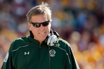Sep 27, 2014; Boston, MA, USA; Colorado State Rams head coach Jim McElwain smiles along the sidelines during the second half of Colorado State's 24-21 win over the Boston College Eagles at Alumni Stadium. Mandatory Credit: Winslow Townson-USA TODAY Sports