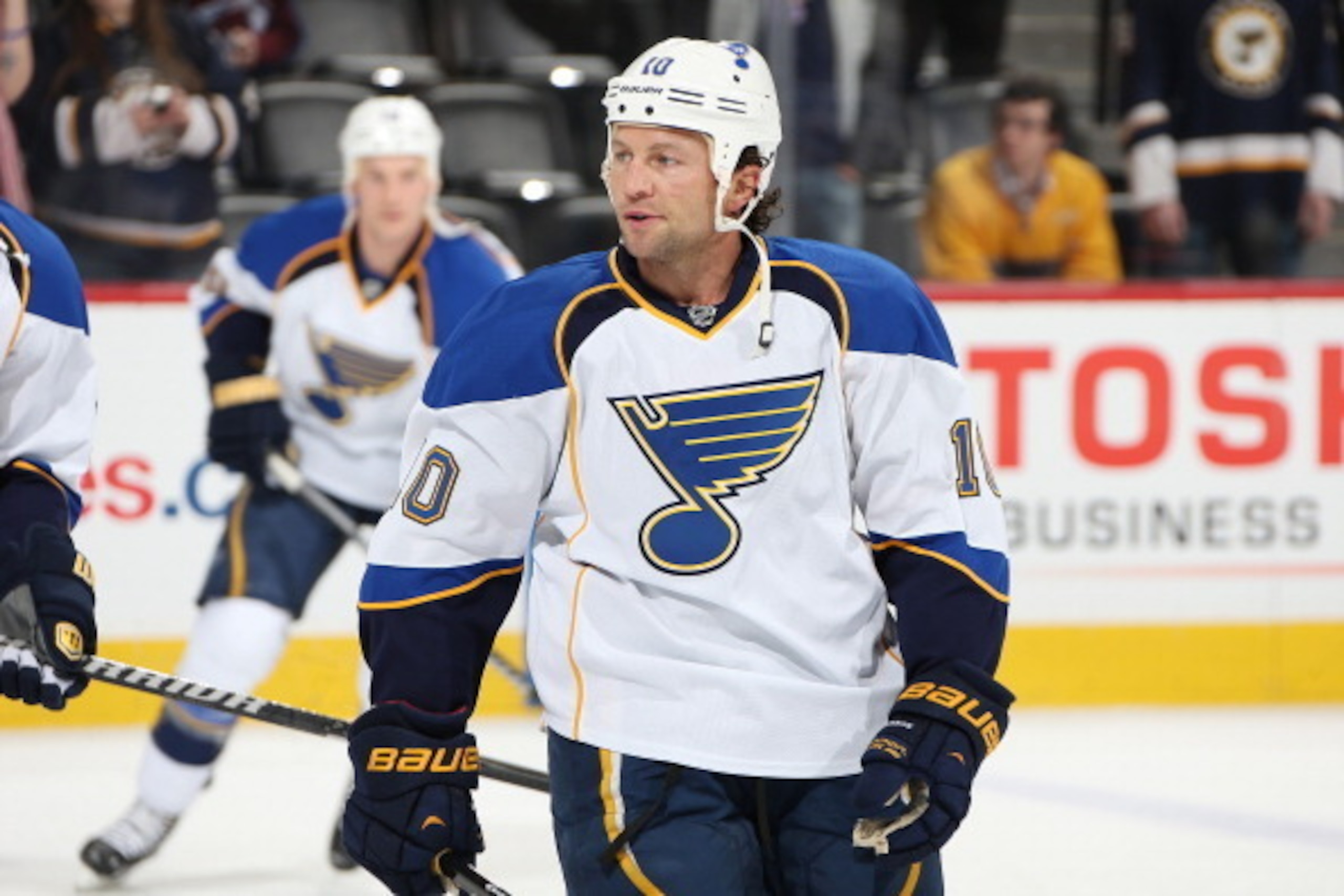 DENVER, CO - MARCH 08: Brenden Morrow #10 of the St Louis Blues skates prior to the game against the Colorado Avalanche at the Pepsi Center on March 8, 2014 in Denver, Colorado.  (Photo by Michael Martin/NHLI via Getty Images)