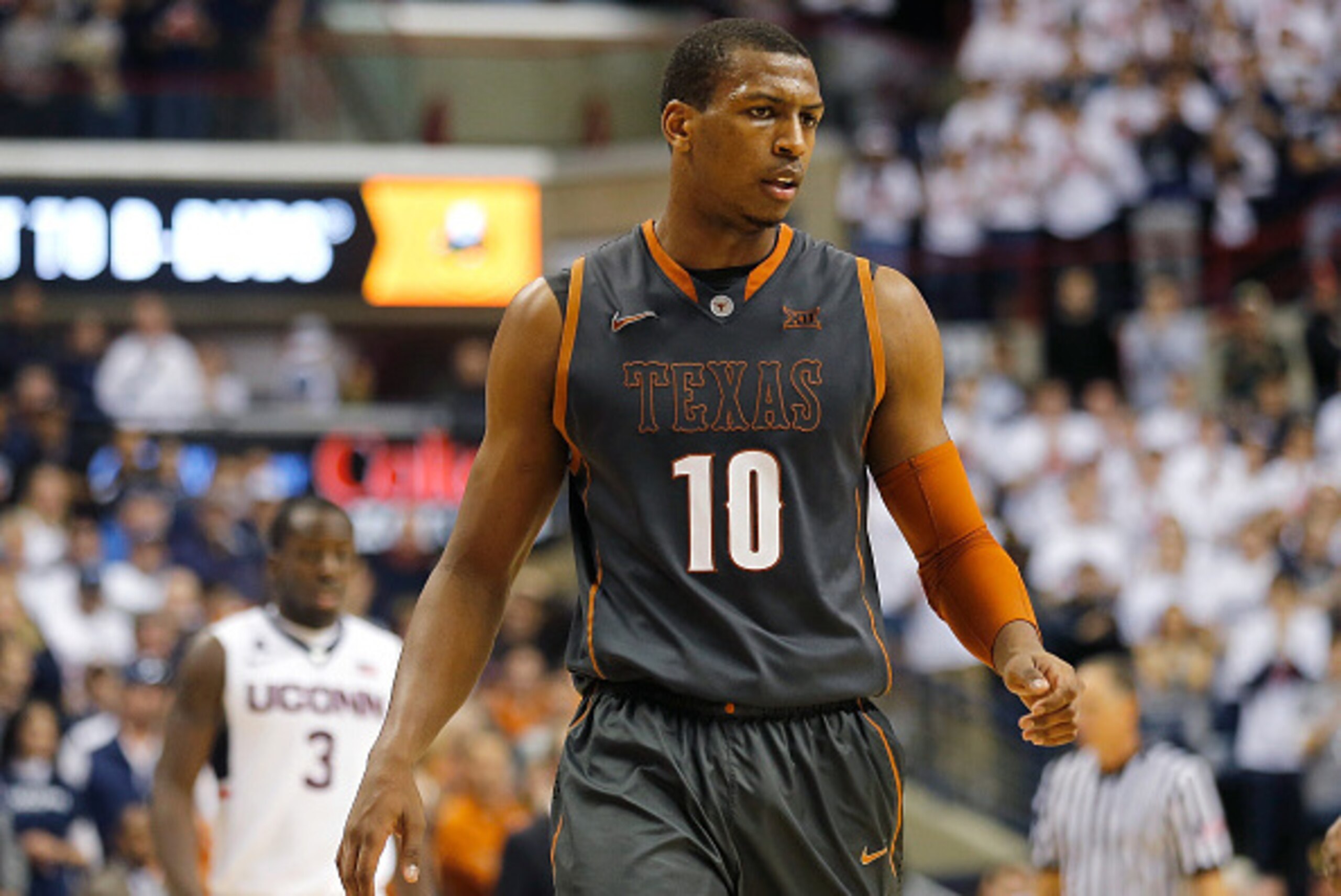 STORRS, CT- NOVEMBER 30:  Jonathan Holmes #10 of the Texas Longhorns walks into position against the Connecticut Huskies in the second half at Harry A. Gampel Pavilion on November 30, 2014 in Storrs, Connecticut. (Photo by Jim Rogash/Getty Images)