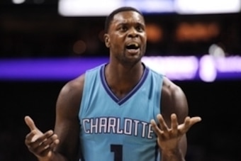 Nov 28, 2014; Charlotte, NC, USA; Charlotte Hornets guard Lance Stephenson (1) complains after being called for a foul during the second half of the game against the Golden State Warriors at Time Warner Cable Arena. Warriors win 106-101. Mandatory Credit: