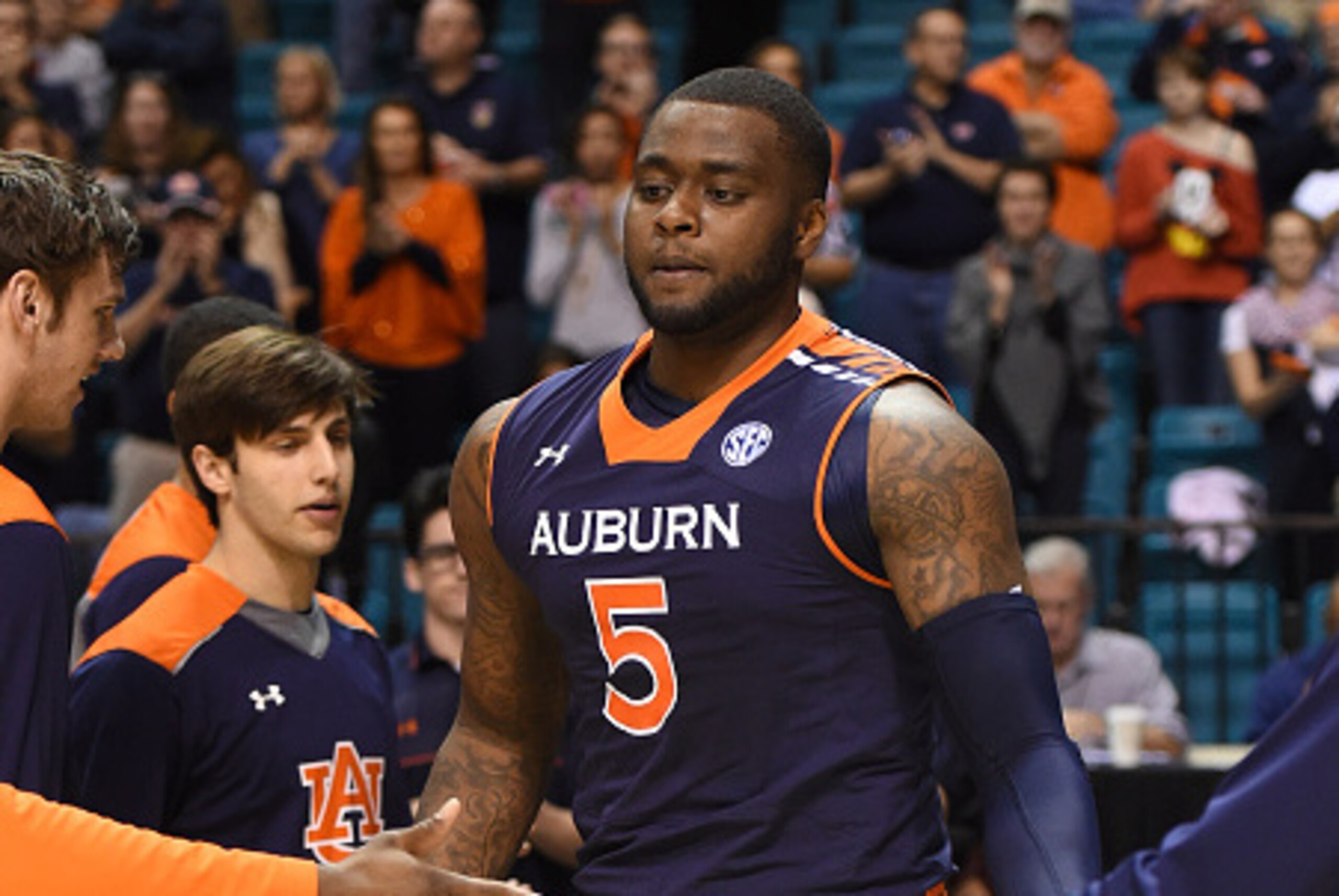 LAS VEGAS, NV - NOVEMBER 26:  Cinmeon Bowers #5 of the Auburn Tigers is introduced before a game against the Oregon State Beavers during the 2014 MGM Grand Main Event basketball tournament at the MGM Grand Garden Arena on November 26, 2014 in Las Vegas, N